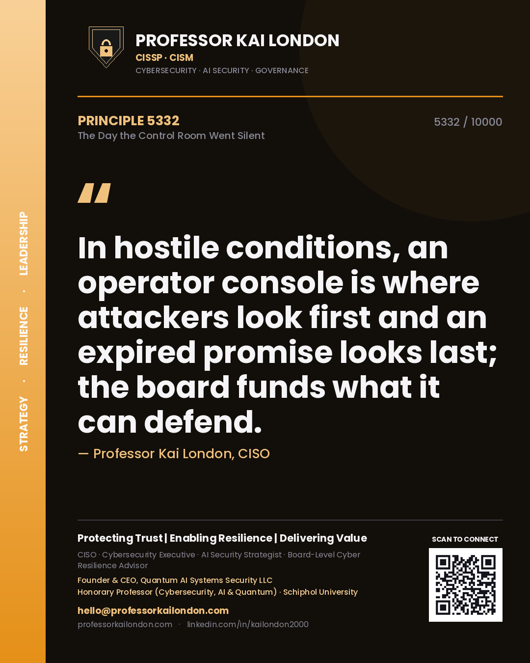 Professor Kai London principle 5332: In hostile conditions, an operator console is where attackers look first and an expired promise looks last; the board funds what it can defend.