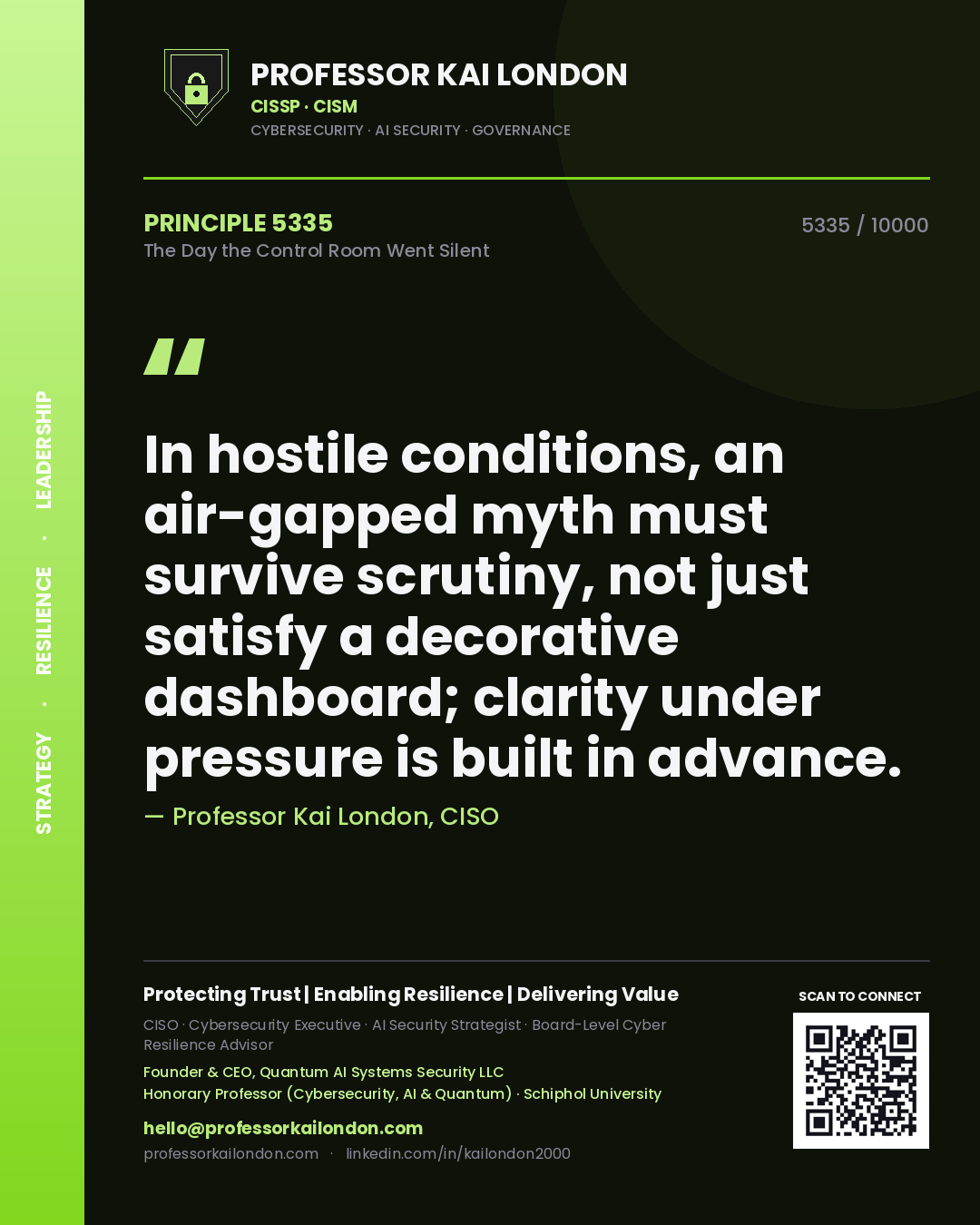 Quote card by Professor Kai London reading 'In hostile conditions, an air-gapped myth must survive scrutiny, not just satisfy a decorative dashboard; clarity under pressure is built in advance.'. From the book The Day the Control Room Went Silent.