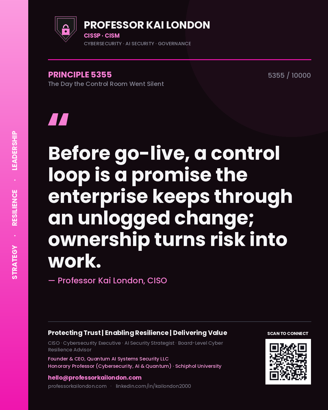 Quote card by Professor Kai London reading 'Before go-live, a control loop is a promise the enterprise keeps through an unlogged change; ownership turns risk into work.'. From the book The Day the Control Room Went Silent.