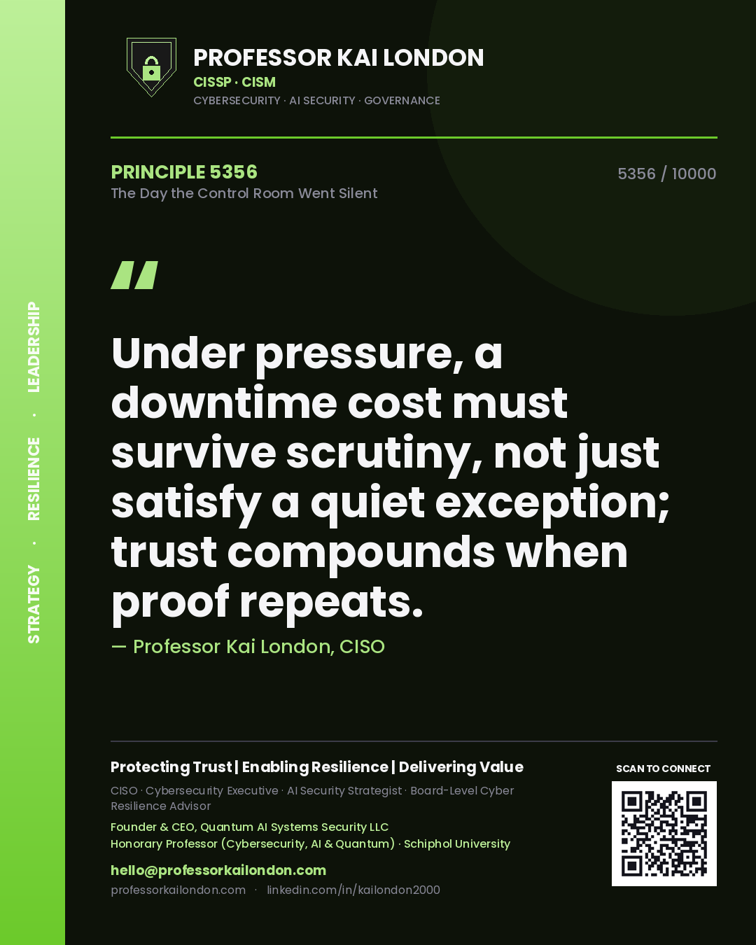 Professor Kai London principle 5356: Under pressure, a downtime cost must survive scrutiny, not just satisfy a quiet exception; trust compounds when proof repeats.