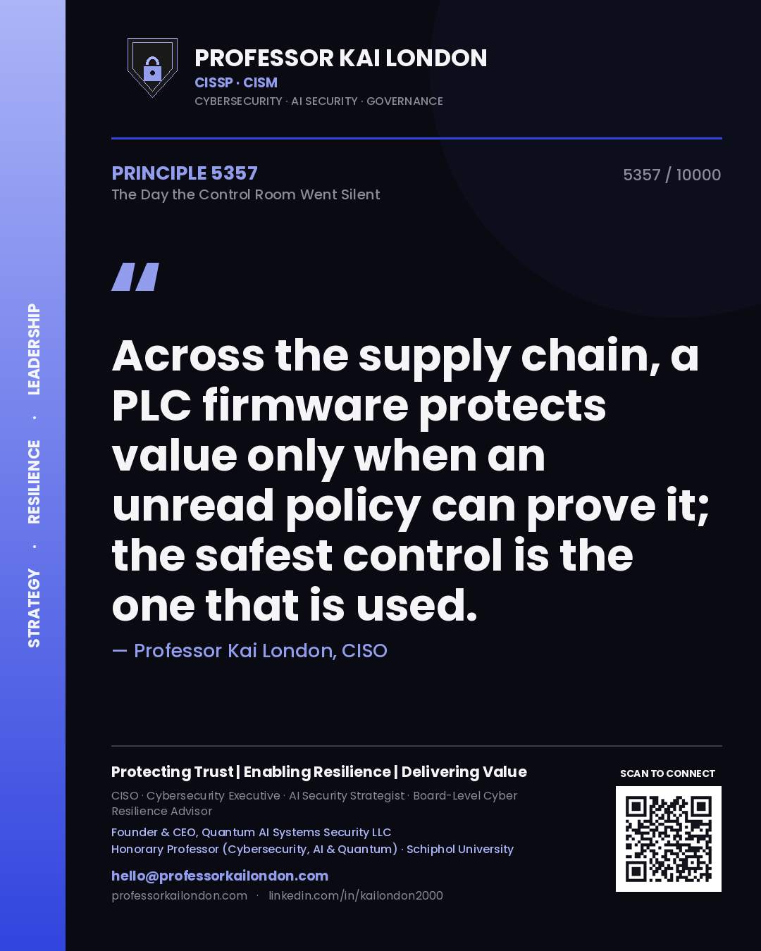 Quote card by Professor Kai London reading 'Across the supply chain, a PLC firmware protects value only when an unread policy can prove it; the safest control is the one that is used.'. From the book The Day the Control Room Went Silent.