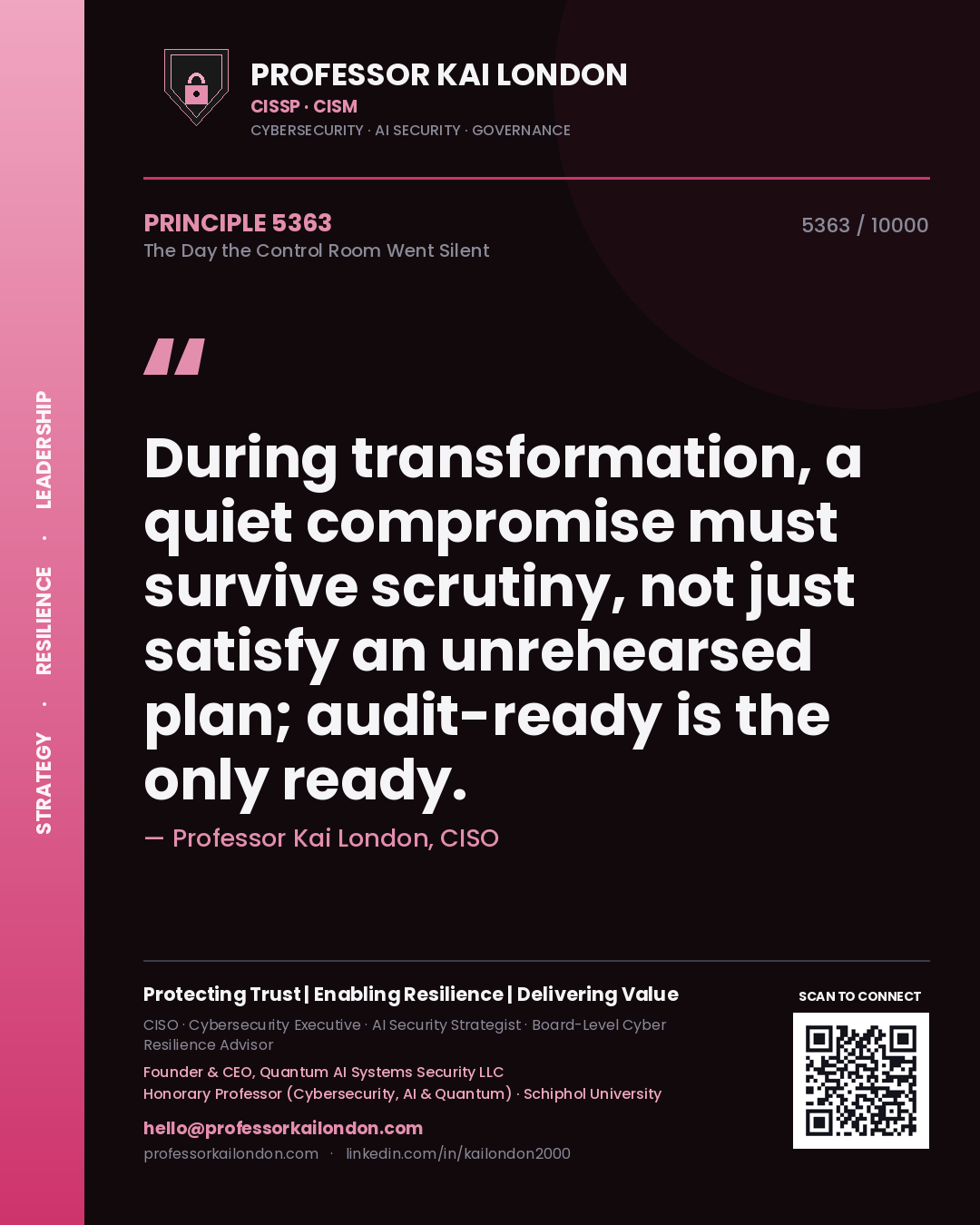 Quote card by Professor Kai London reading 'During transformation, a quiet compromise must survive scrutiny, not just satisfy an unrehearsed plan; audit-ready is the only ready.'. From the book The Day the Control Room Went Silent.