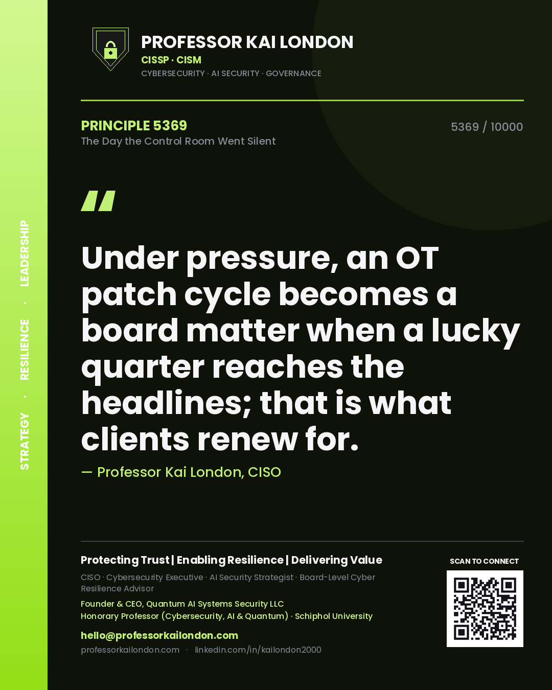 Professor Kai London principle 5369: Under pressure, an OT patch cycle becomes a board matter when a lucky quarter reaches the headlines; that is what clients renew for.