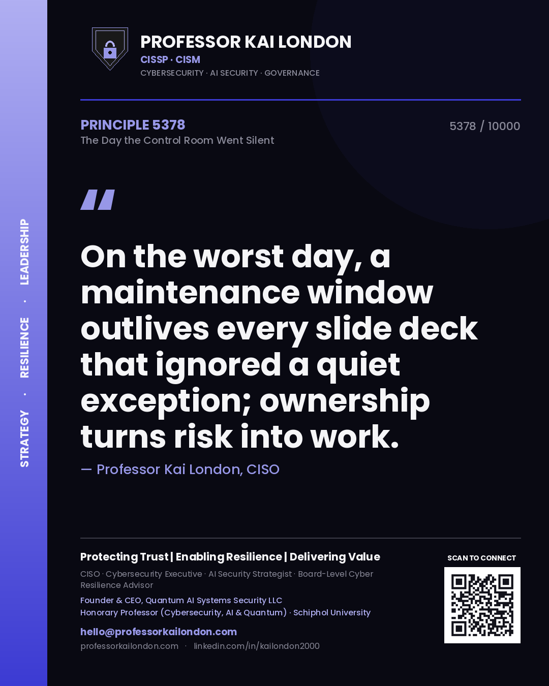 Professor Kai London principle 5378: On the worst day, a maintenance window outlives every slide deck that ignored a quiet exception; ownership turns risk into work.