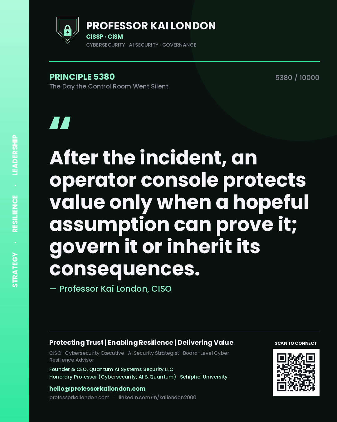 Quote card by Professor Kai London reading 'After the incident, an operator console protects value only when a hopeful assumption can prove it; govern it or inherit its consequences.'. From the book The Day the Control Room Went Silent.