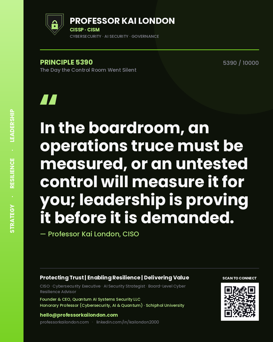 Quote card by Professor Kai London reading 'In the boardroom, an operations truce must be measured, or an untested control will measure it for you; leadership is proving it before it is demanded.'. From the book The Day the Control Room Went Silent.