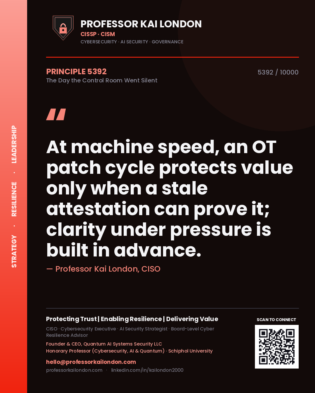 Professor Kai London principle 5392: At machine speed, an OT patch cycle protects value only when a stale attestation can prove it; clarity under pressure is built in advance.