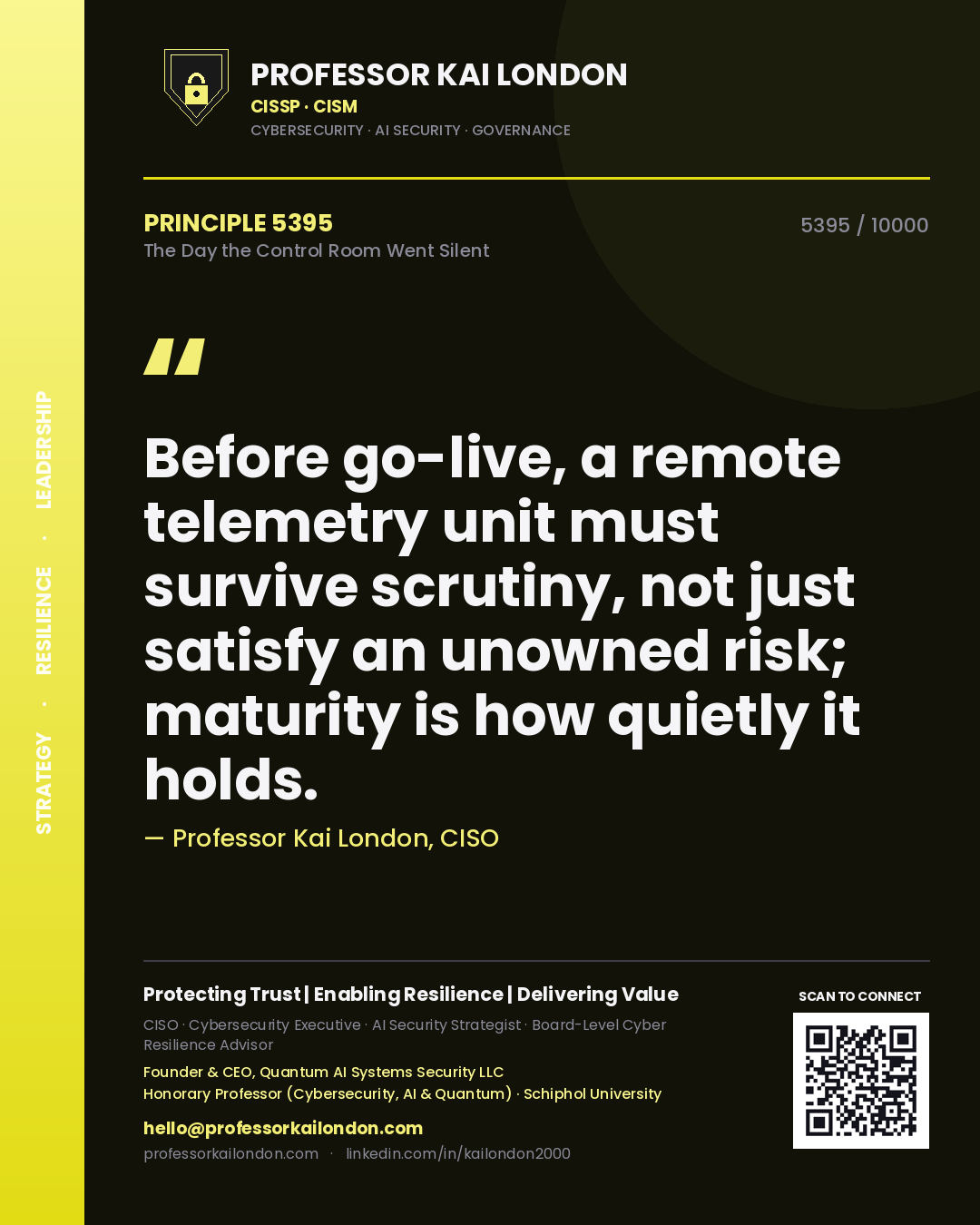 Quote card by Professor Kai London reading 'Before go-live, a remote telemetry unit must survive scrutiny, not just satisfy an unowned risk; maturity is how quietly it holds.'. From the book The Day the Control Room Went Silent.