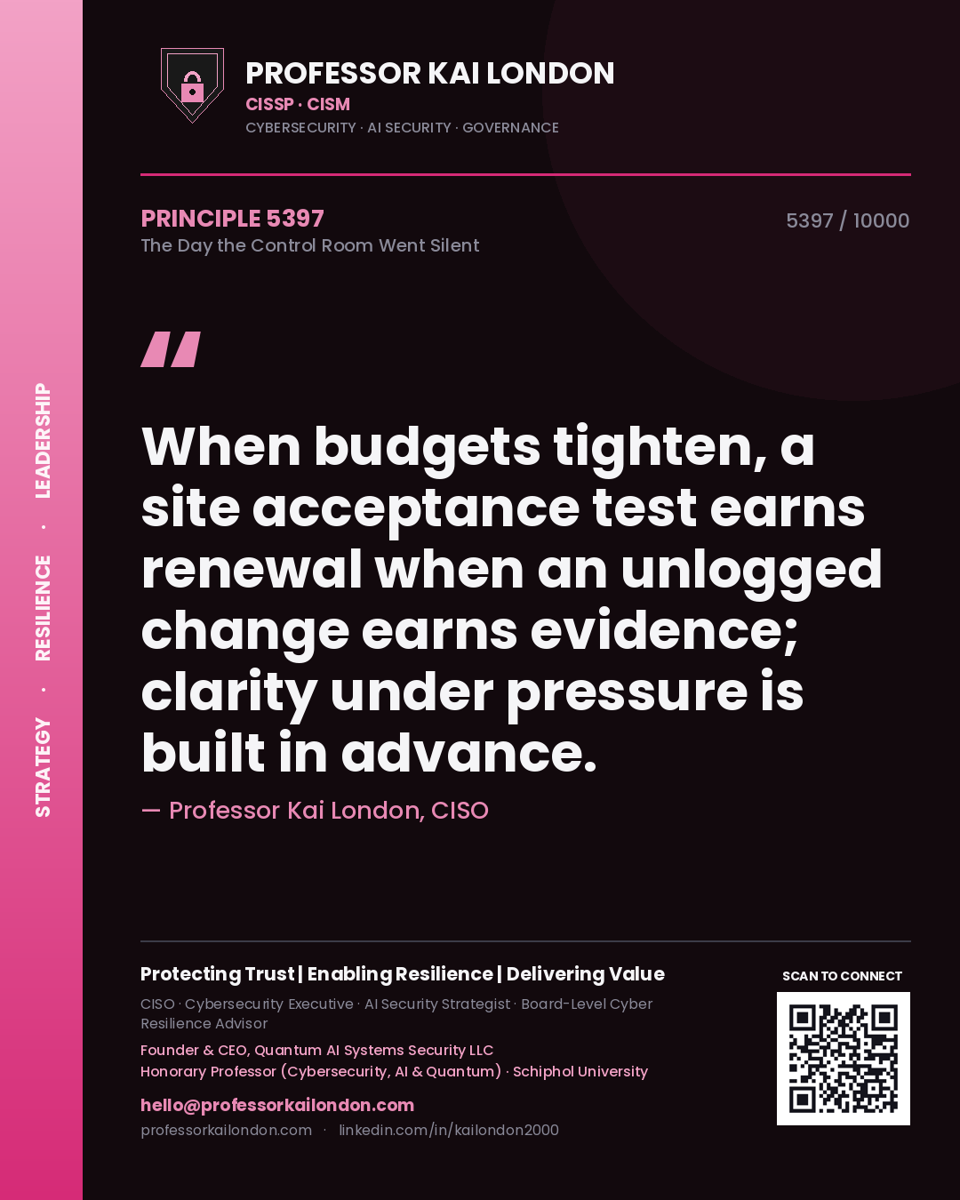 Quote card by Professor Kai London reading 'When budgets tighten, a site acceptance test earns renewal when an unlogged change earns evidence; clarity under pressure is built in advance.'. From the book The Day the Control Room Went Silent.