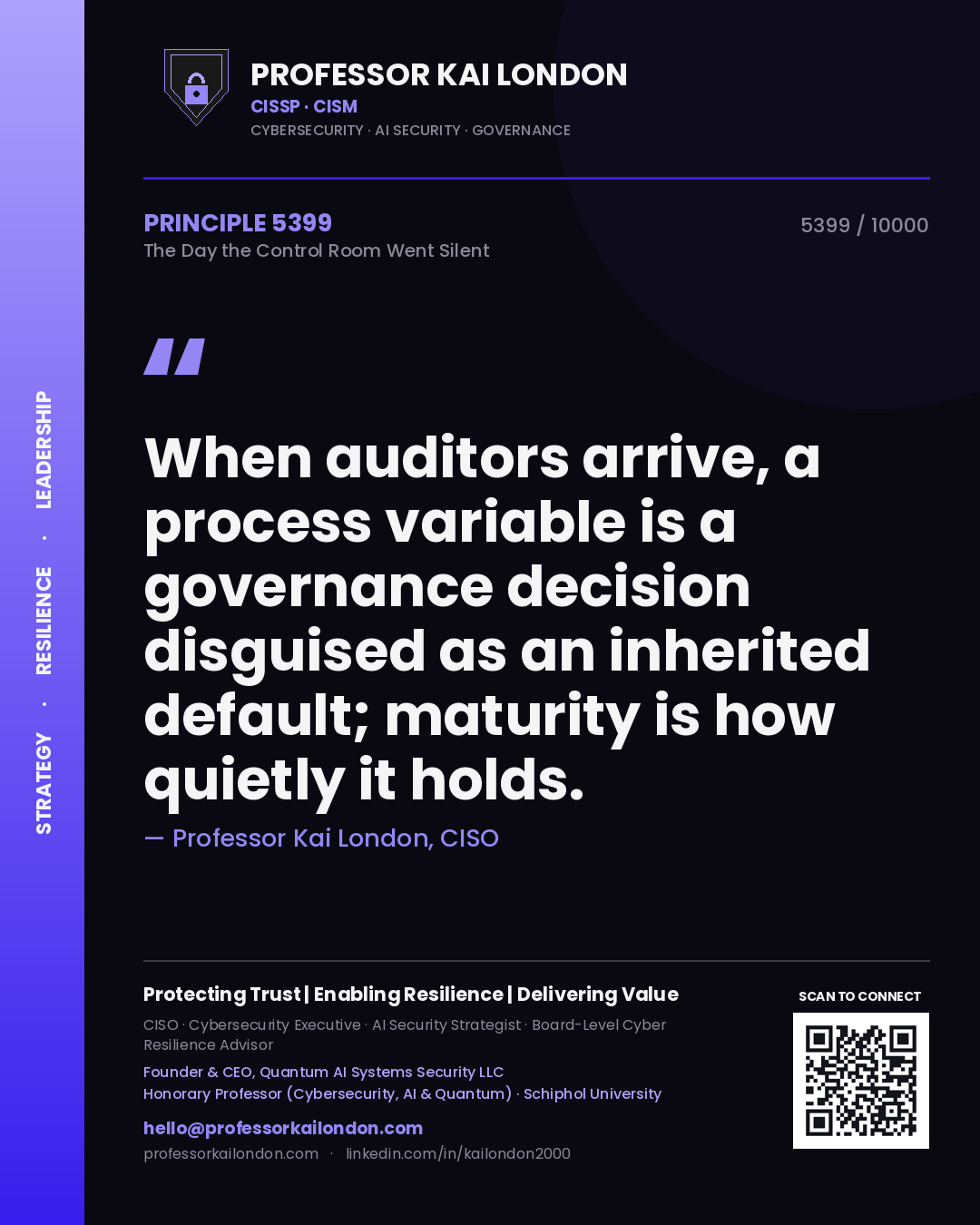 Professor Kai London principle 5399: When auditors arrive, a process variable is a governance decision disguised as an inherited default; maturity is how quietly it holds.