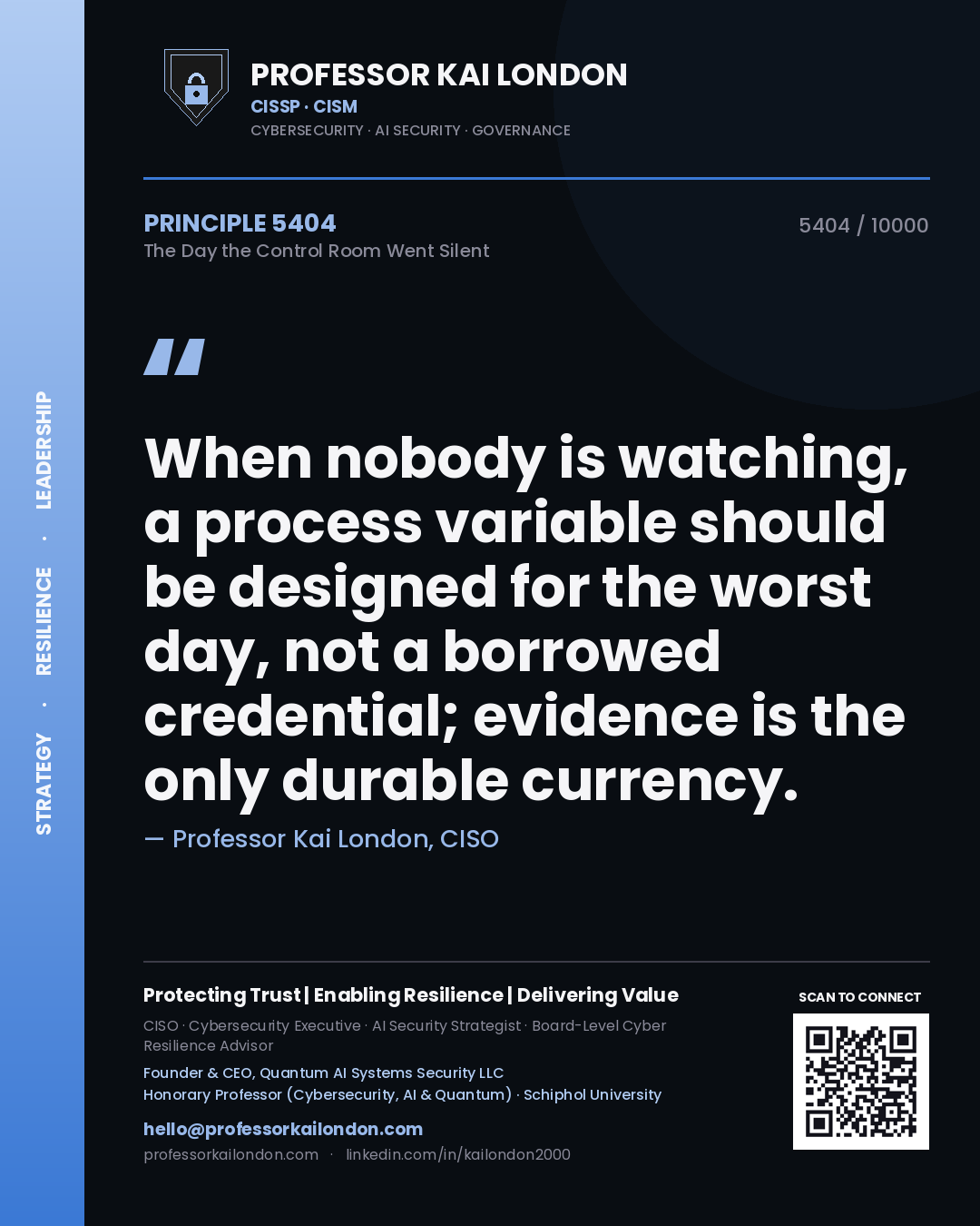 Quote card by Professor Kai London reading 'When nobody is watching, a process variable should be designed for the worst day, not a borrowed credential; evidence is the only durable currency.'. From the book The Day the Control Room Went Silent.