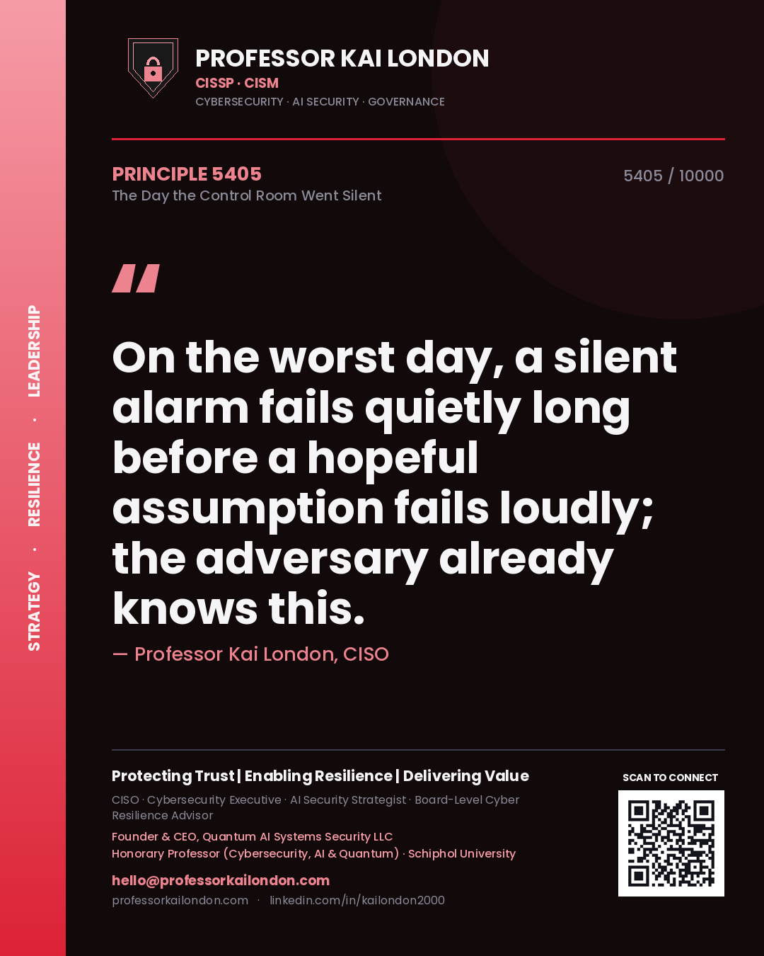 Quote card by Professor Kai London reading 'On the worst day, a silent alarm fails quietly long before a hopeful assumption fails loudly; the adversary already knows this.'. From the book The Day the Control Room Went Silent.