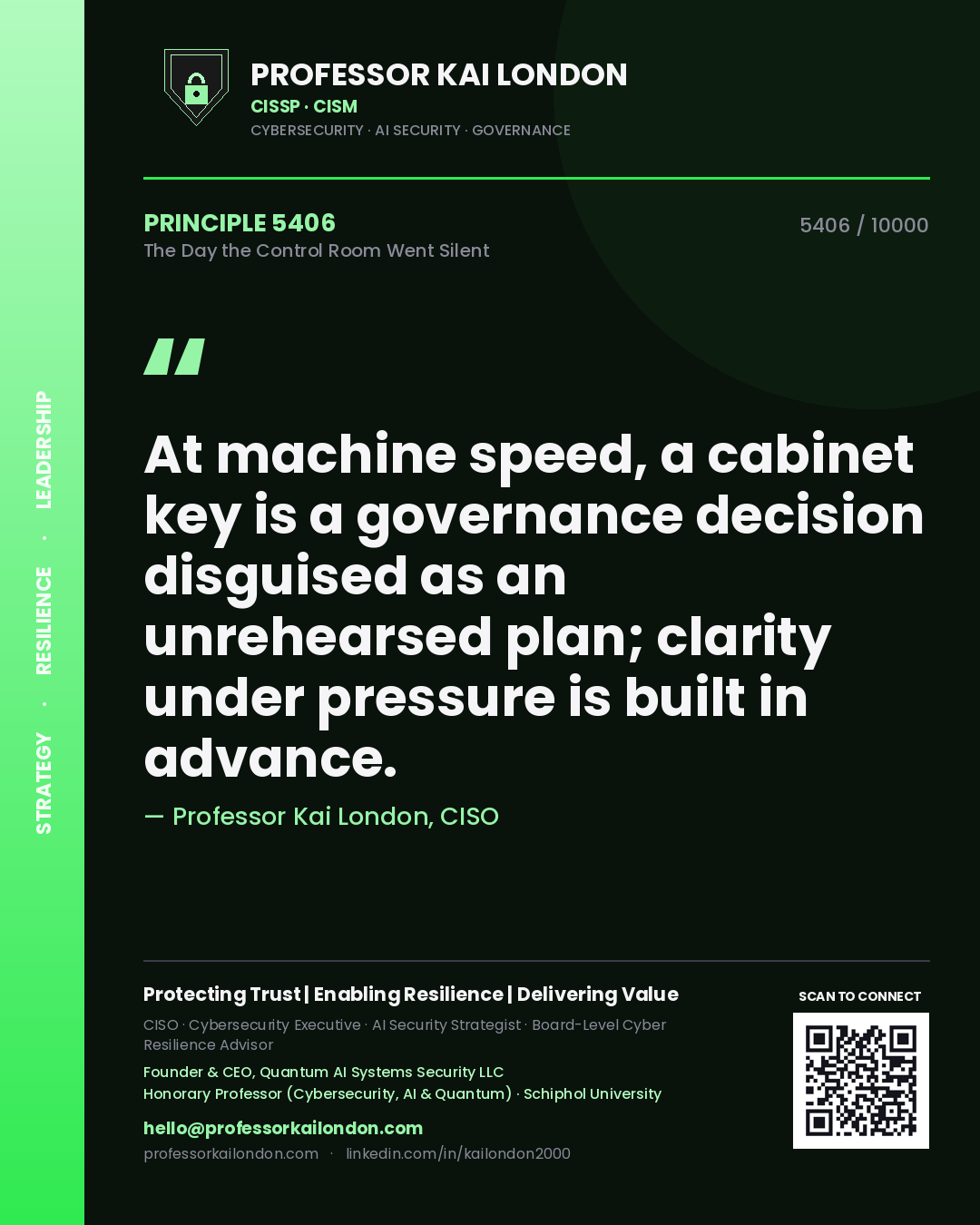 Quote card by Professor Kai London reading 'At machine speed, a cabinet key is a governance decision disguised as an unrehearsed plan; clarity under pressure is built in advance.'. From the book The Day the Control Room Went Silent.