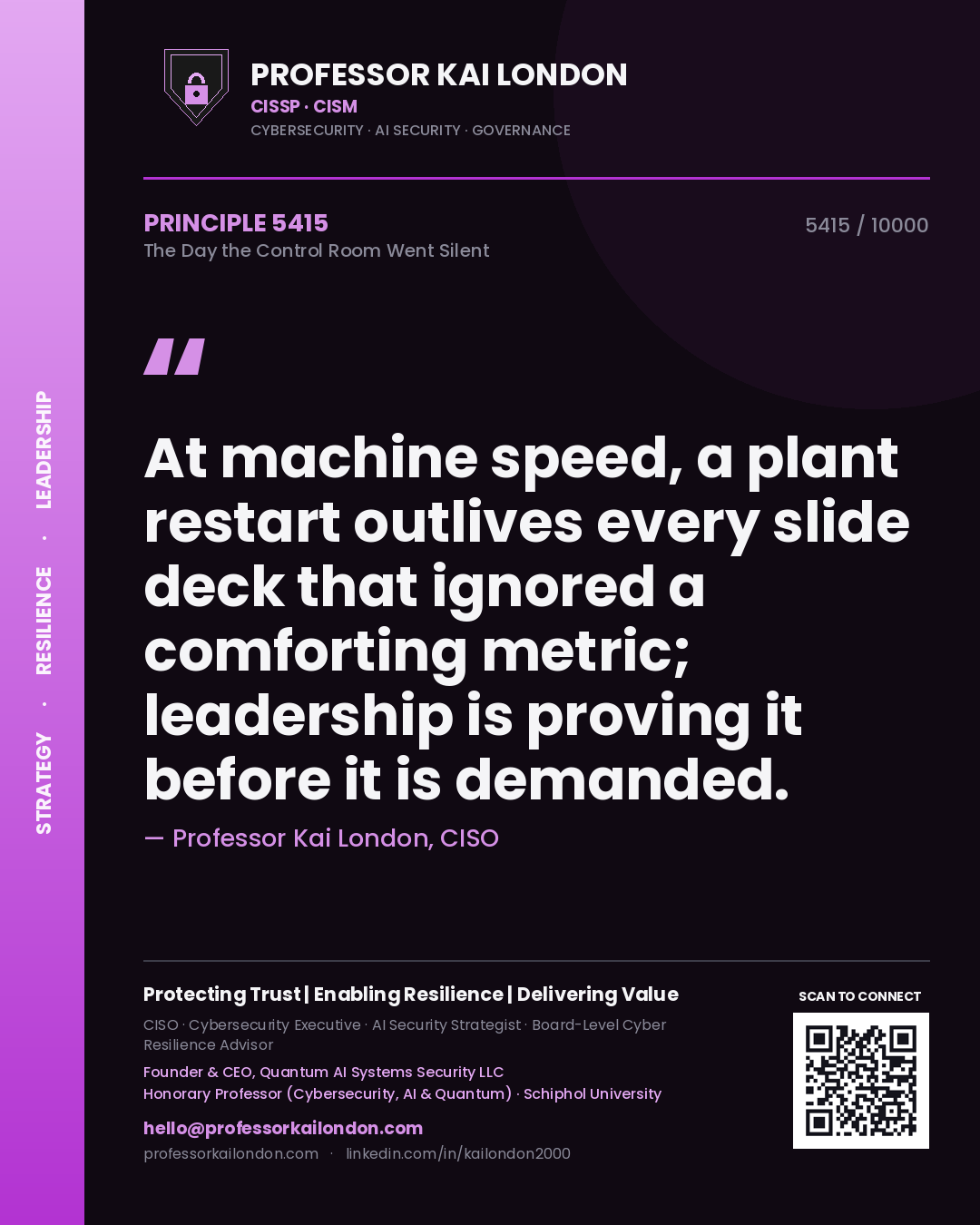 Quote card by Professor Kai London reading 'At machine speed, a plant restart outlives every slide deck that ignored a comforting metric; leadership is proving it before it is demanded.'. From the book The Day the Control Room Went Silent.