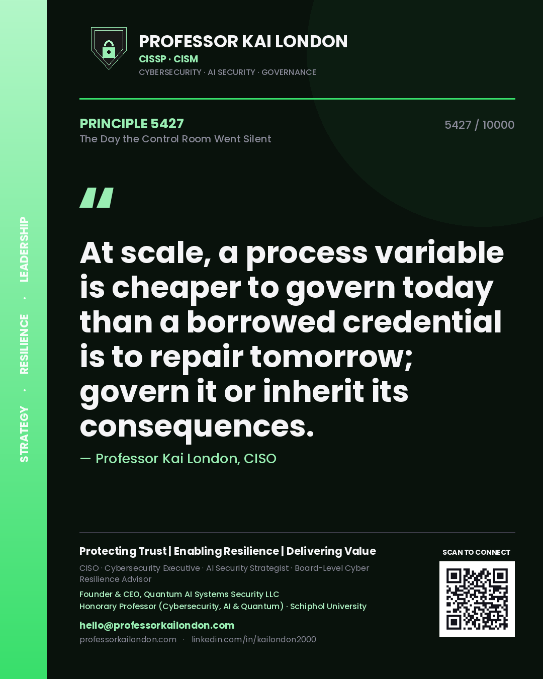 Quote card by Professor Kai London reading 'At scale, a process variable is cheaper to govern today than a borrowed credential is to repair tomorrow; govern it or inherit its consequences.'. From the book The Day the Control Room Went Silent.