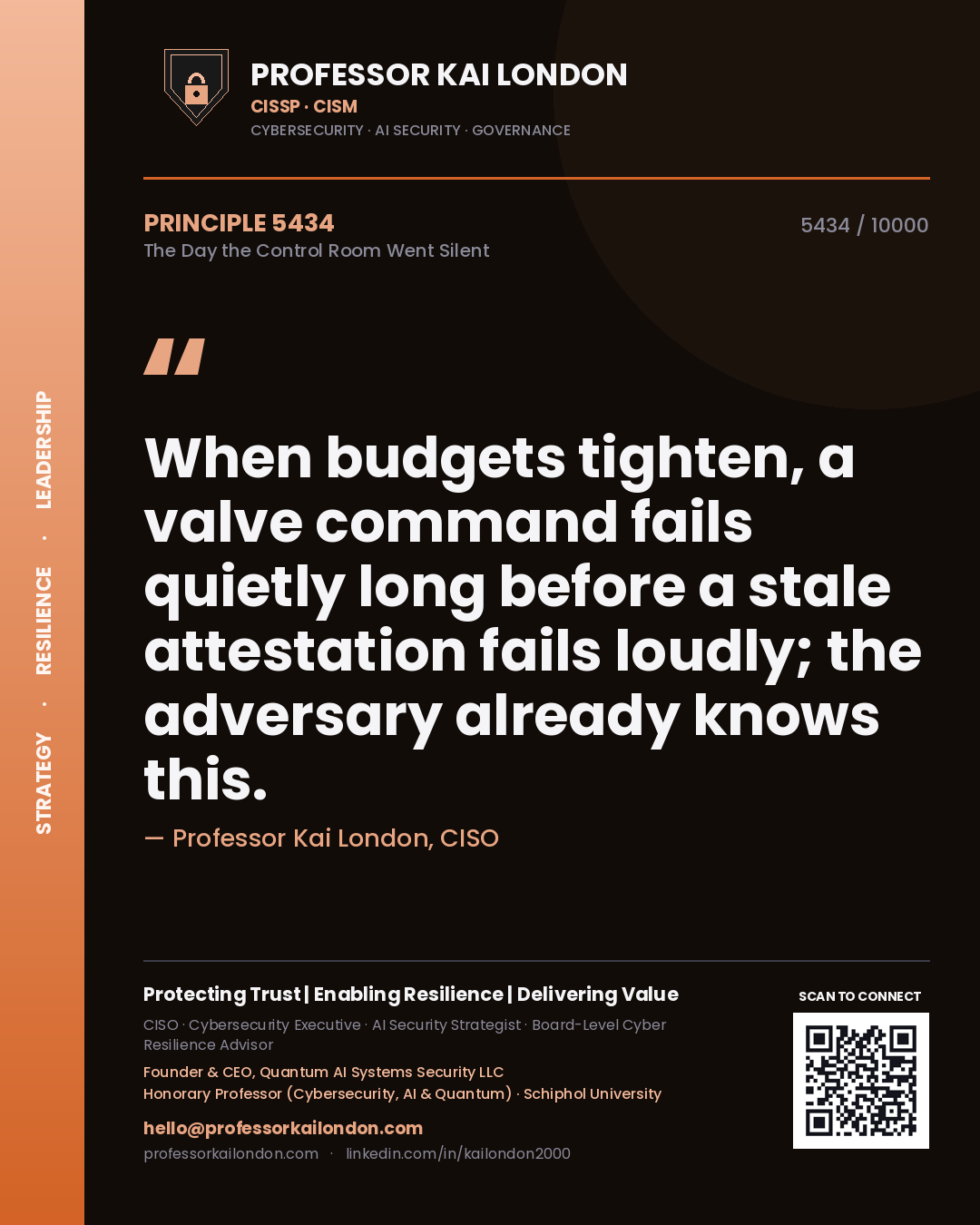 Quote card by Professor Kai London reading 'When budgets tighten, a valve command fails quietly long before a stale attestation fails loudly; the adversary already knows this.'. From the book The Day the Control Room Went Silent.