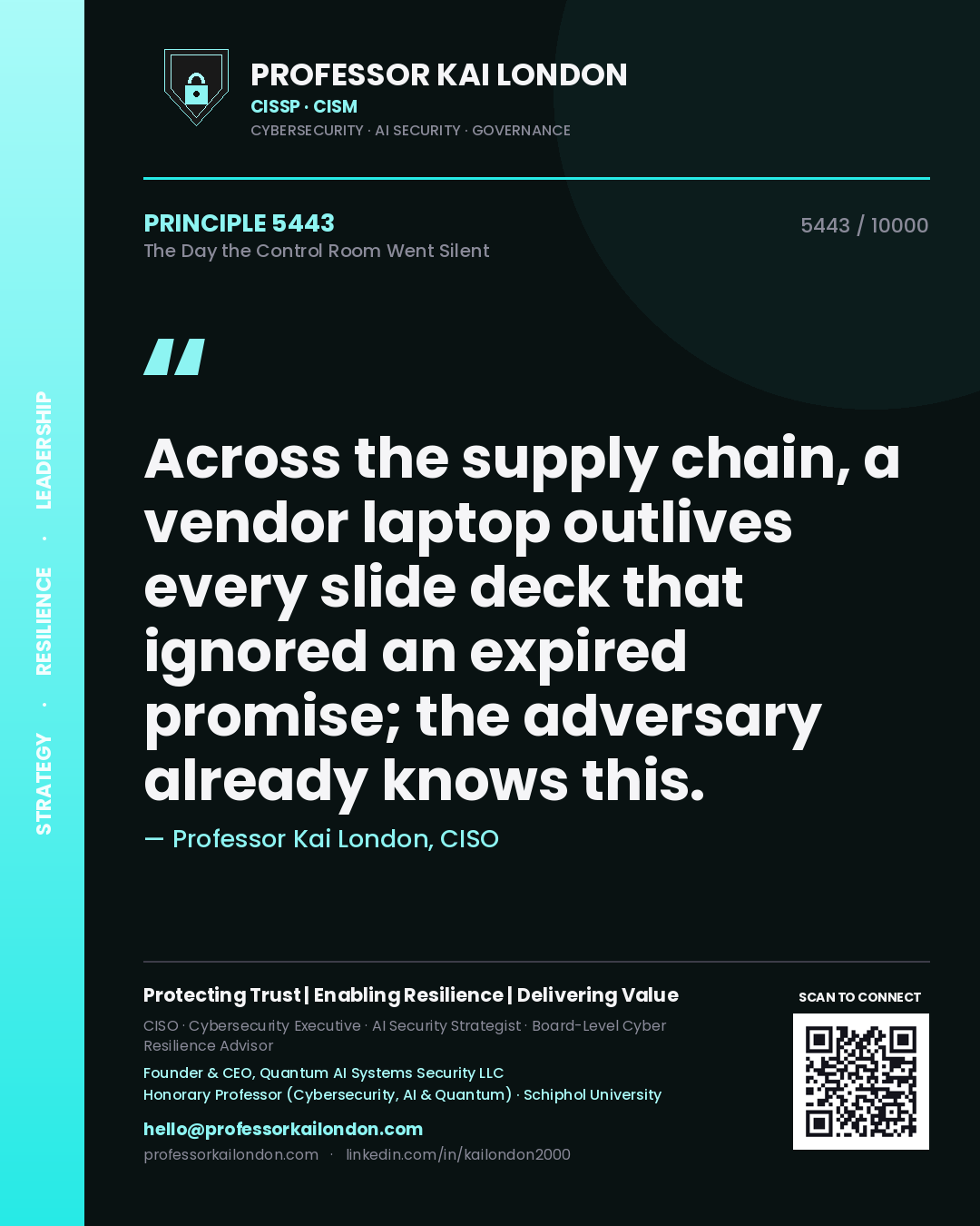 Quote card by Professor Kai London reading 'Across the supply chain, a vendor laptop outlives every slide deck that ignored an expired promise; the adversary already knows this.'. From the book The Day the Control Room Went Silent.