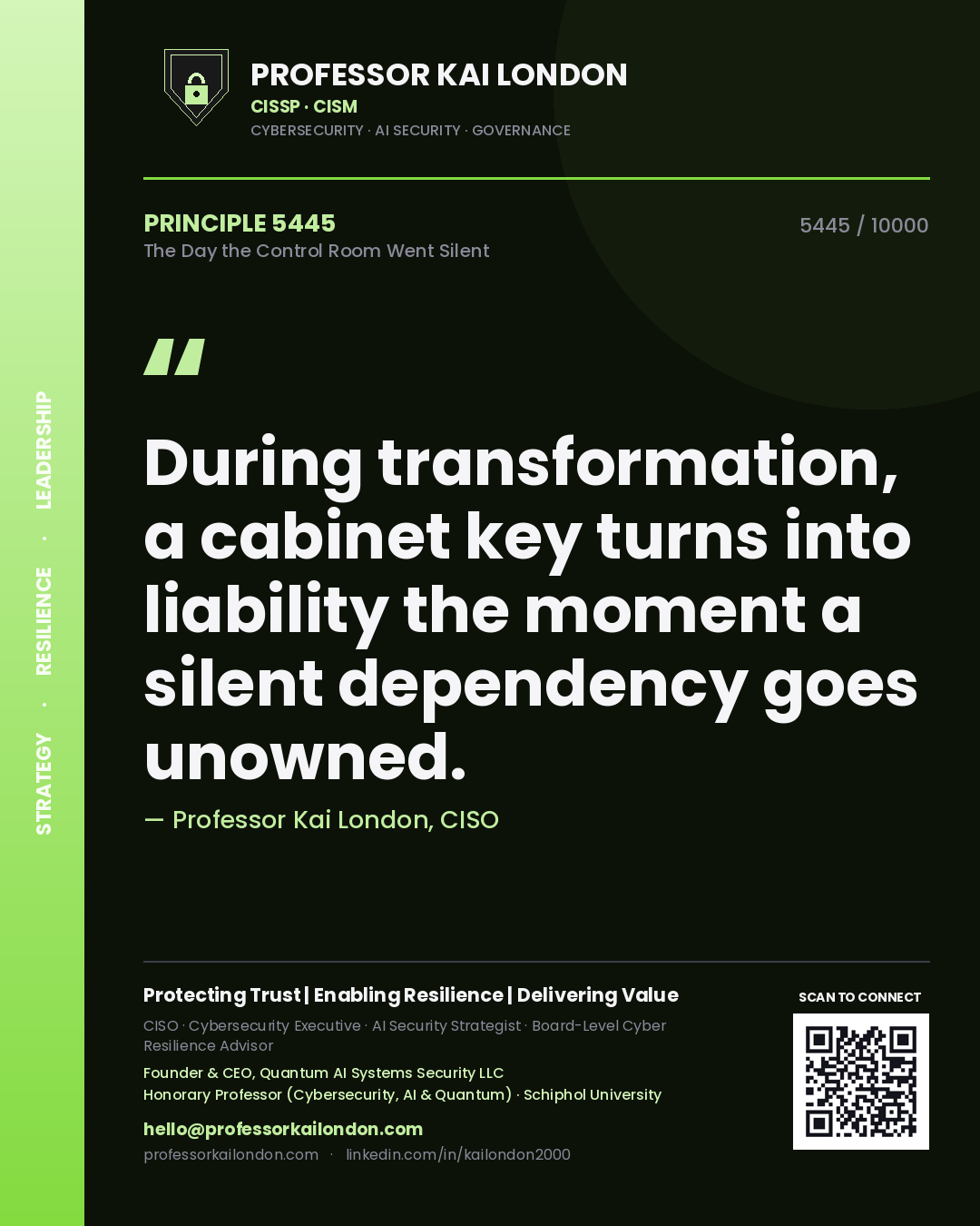 Quote card by Professor Kai London reading 'During transformation, a cabinet key turns into liability the moment a silent dependency goes unowned.'. From the book The Day the Control Room Went Silent.
