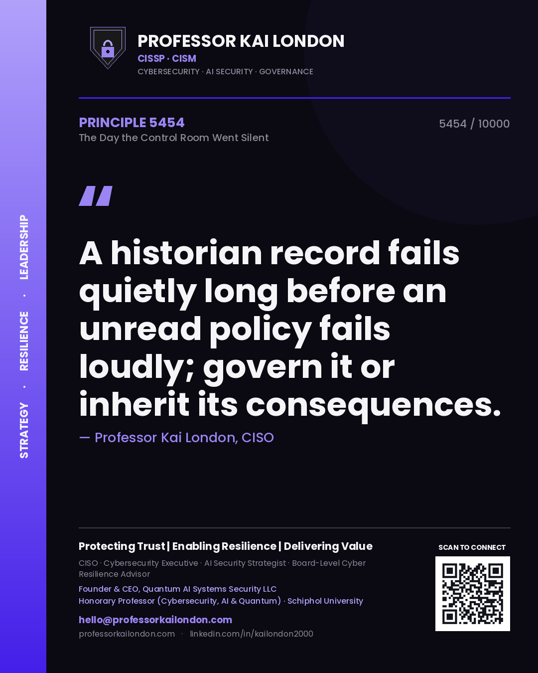 Quote card by Professor Kai London reading 'A historian record fails quietly long before an unread policy fails loudly; govern it or inherit its consequences.'. From the book The Day the Control Room Went Silent.