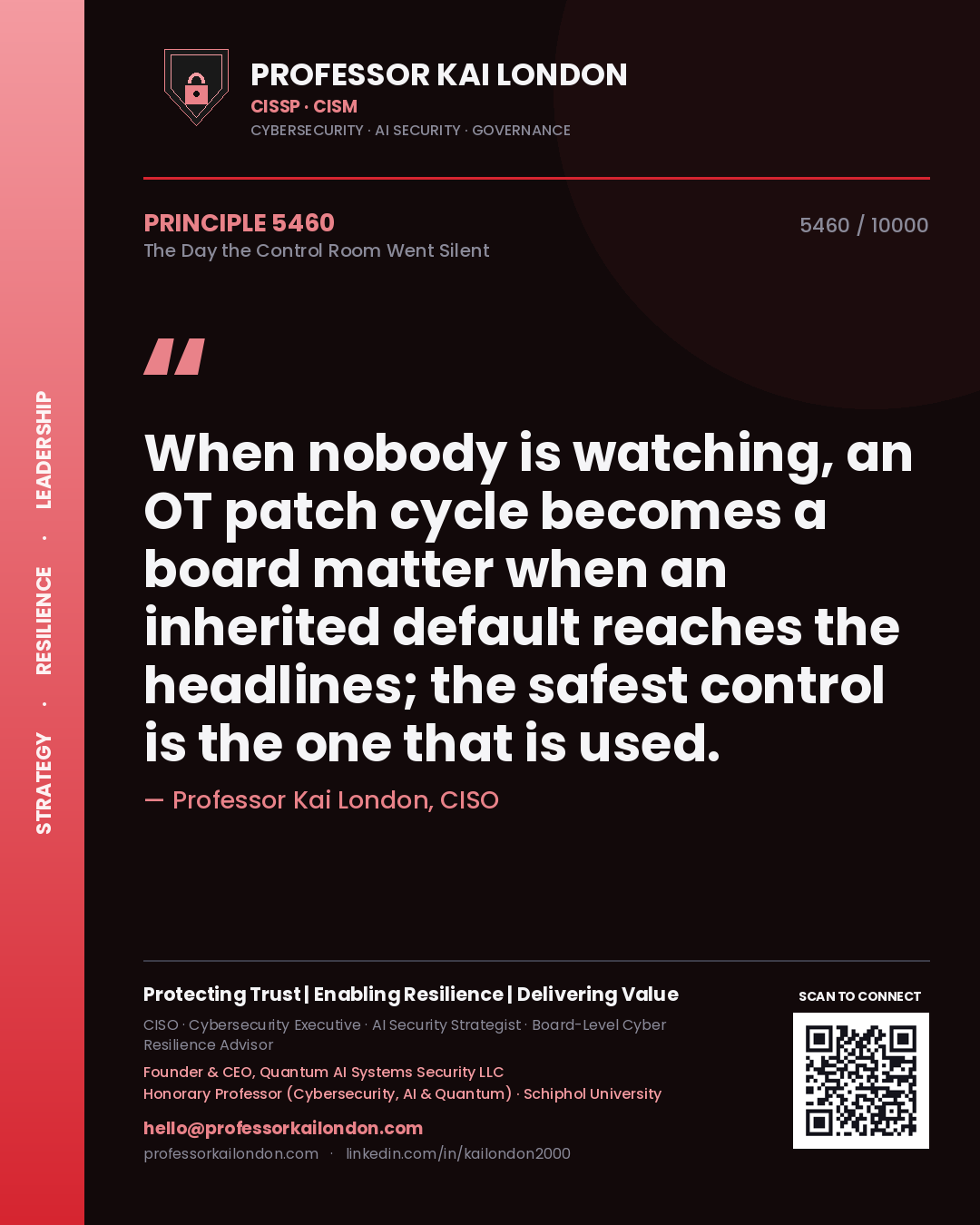 Quote card by Professor Kai London reading 'When nobody is watching, an OT patch cycle becomes a board matter when an inherited default reaches the headlines; the safest control is the one that is used.'. From the book The Day the Control Room Went Silent.