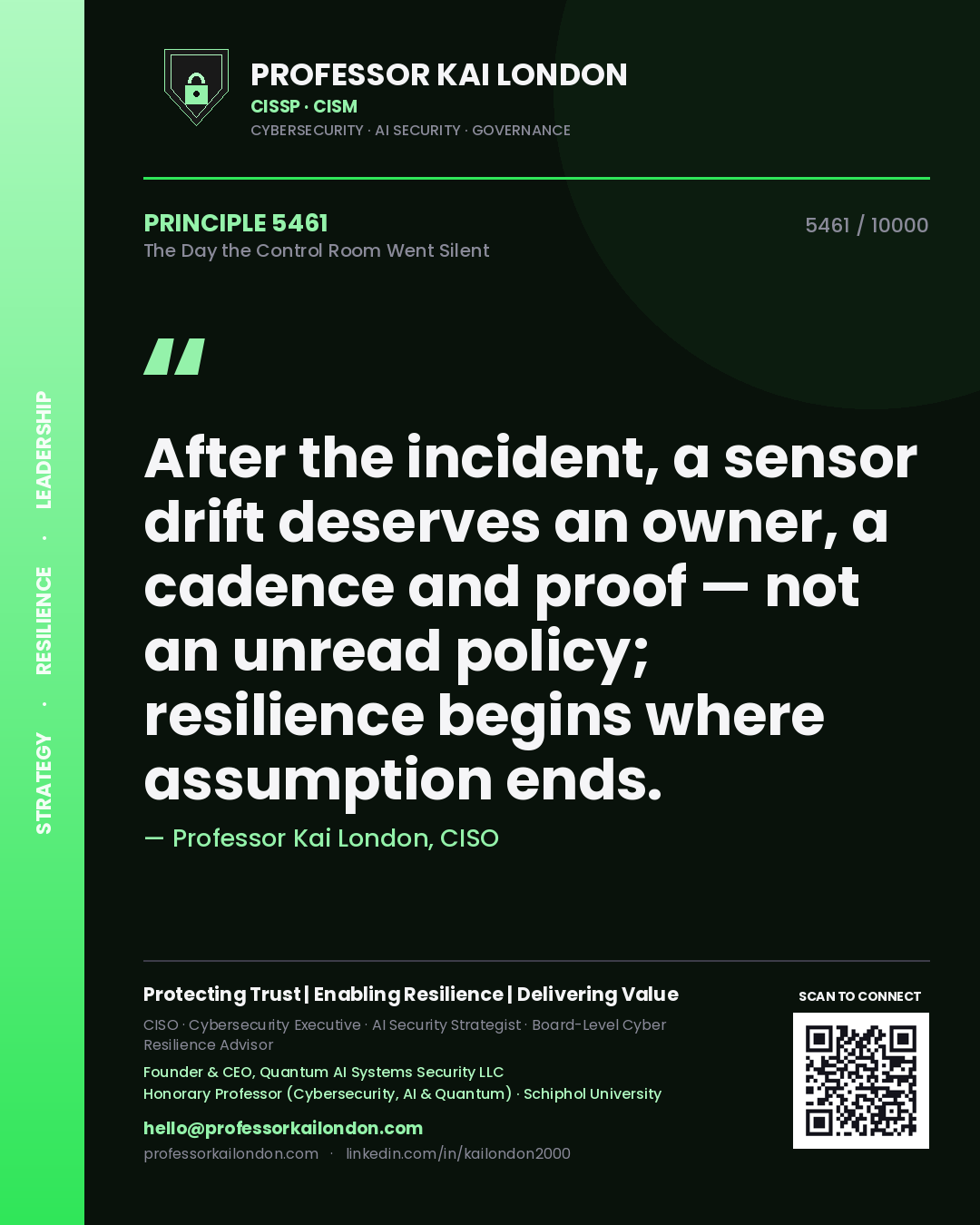 Quote card by Professor Kai London reading 'After the incident, a sensor drift deserves an owner, a cadence and proof — not an unread policy; resilience begins where assumption ends.'. From the book The Day the Control Room Went Silent.