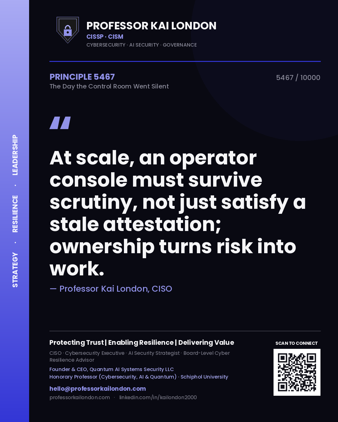 Quote card by Professor Kai London reading 'At scale, an operator console must survive scrutiny, not just satisfy a stale attestation; ownership turns risk into work.'. From the book The Day the Control Room Went Silent.