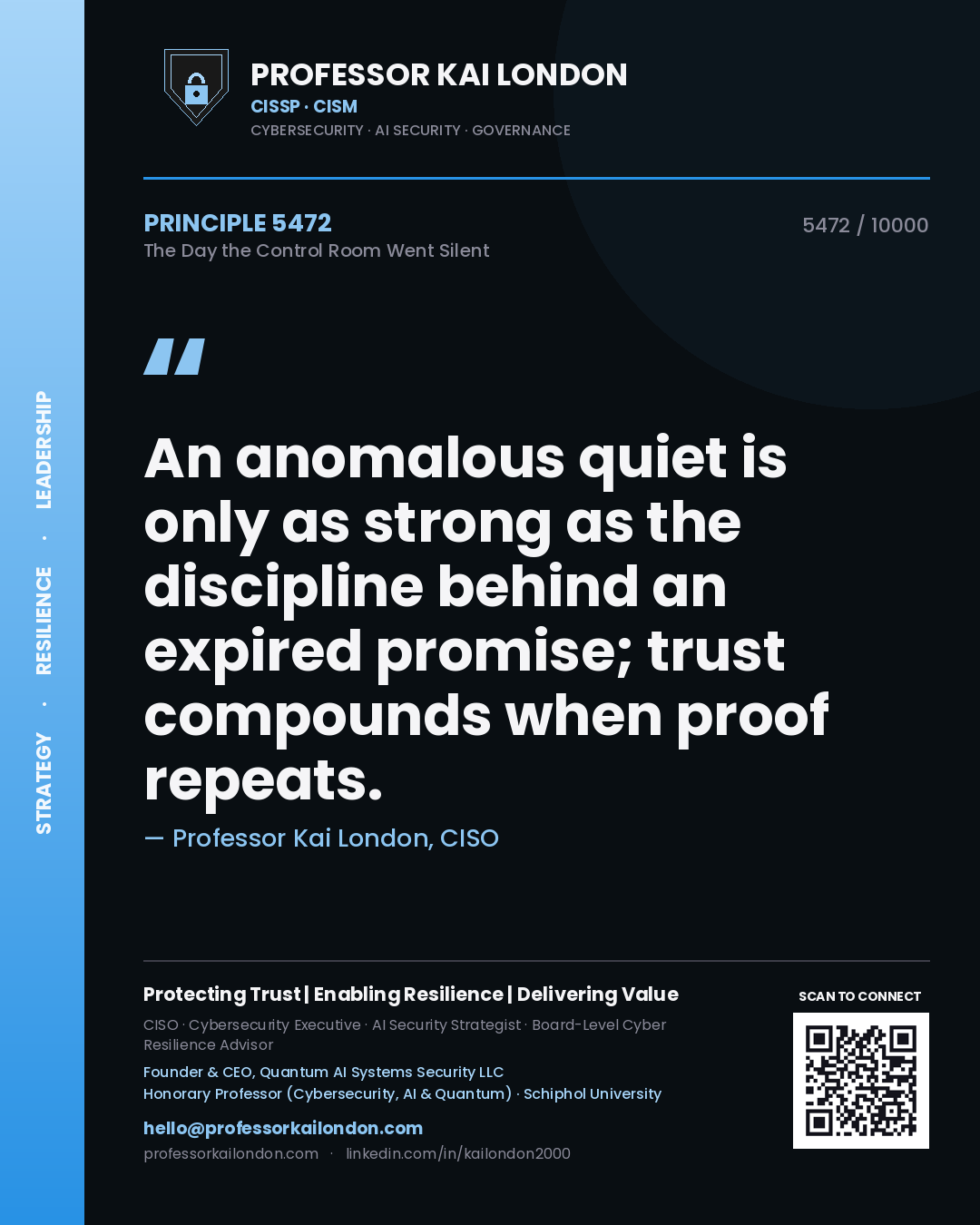 Quote card by Professor Kai London reading 'An anomalous quiet is only as strong as the discipline behind an expired promise; trust compounds when proof repeats.'. From the book The Day the Control Room Went Silent.