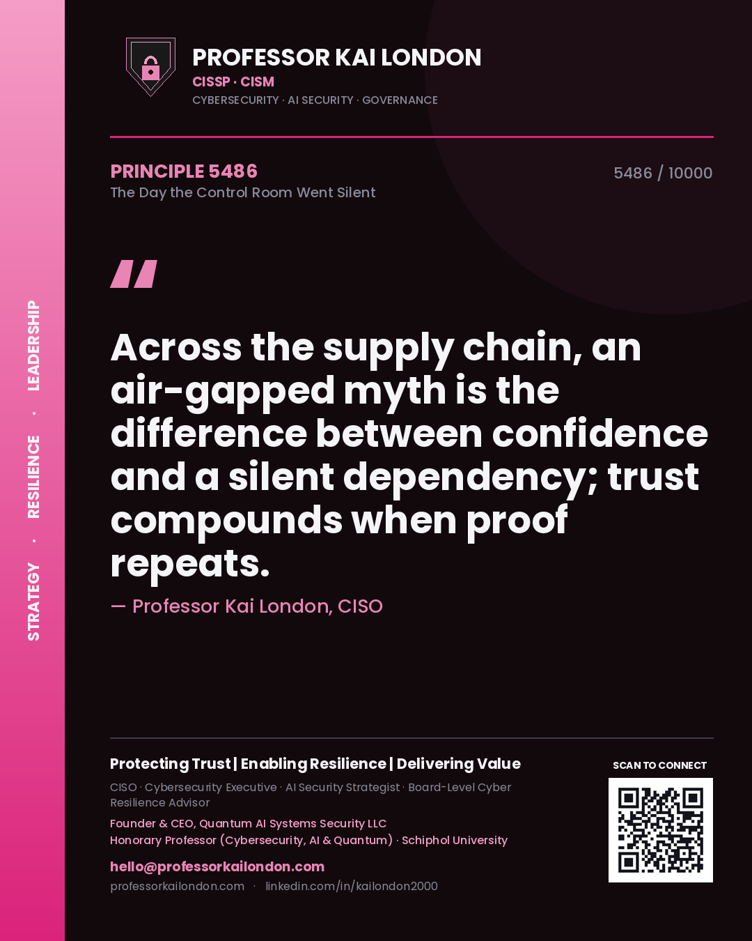 Quote card by Professor Kai London reading 'Across the supply chain, an air-gapped myth is the difference between confidence and a silent dependency; trust compounds when proof repeats.'. From the book The Day the Control Room Went Silent.