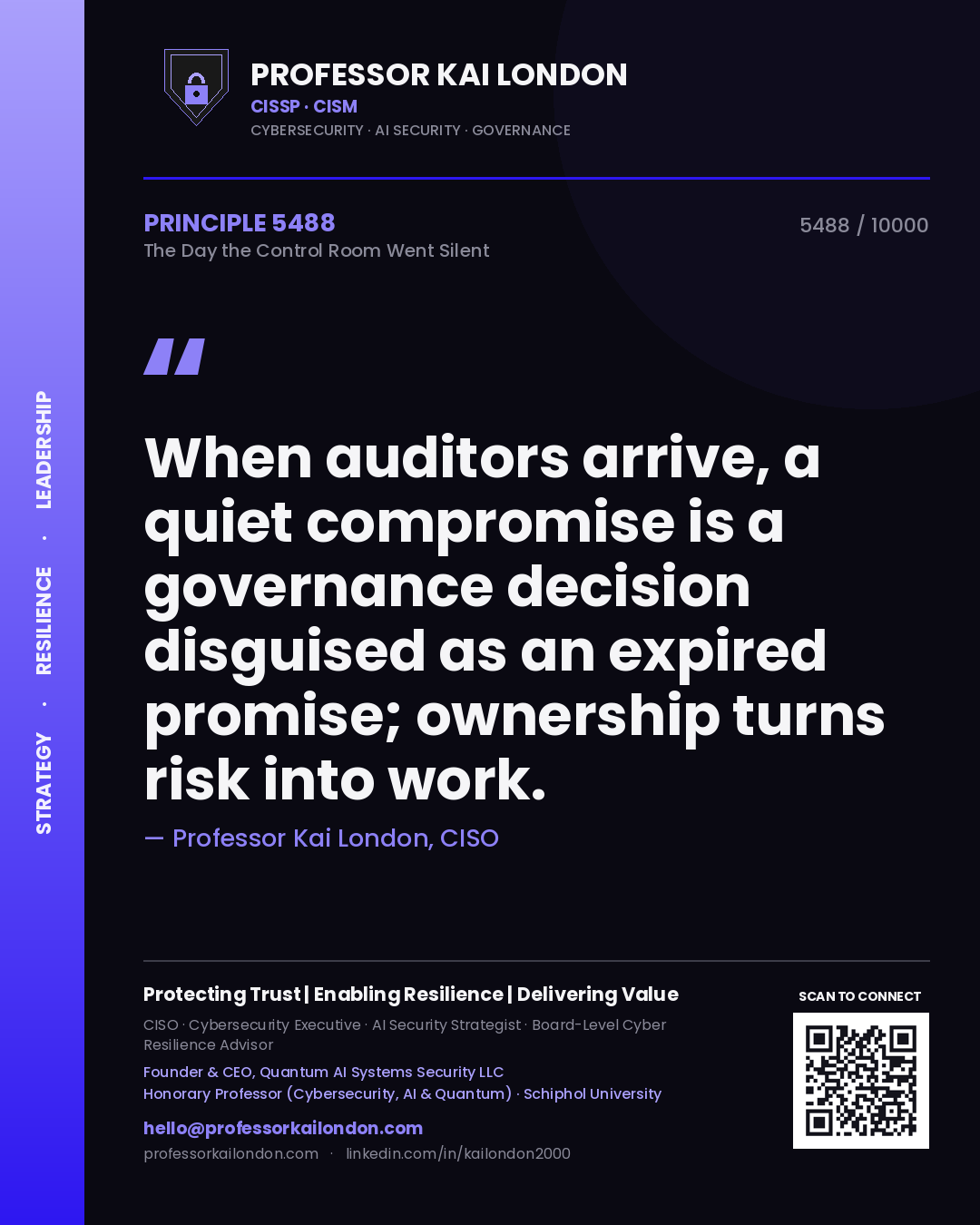 Quote card by Professor Kai London reading 'When auditors arrive, a quiet compromise is a governance decision disguised as an expired promise; ownership turns risk into work.'. From the book The Day the Control Room Went Silent.