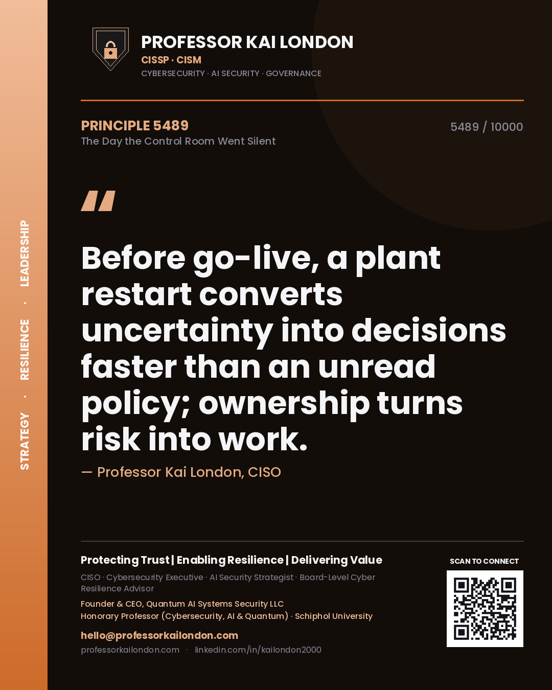 Quote card by Professor Kai London reading 'Before go-live, a plant restart converts uncertainty into decisions faster than an unread policy; ownership turns risk into work.'. From the book The Day the Control Room Went Silent.