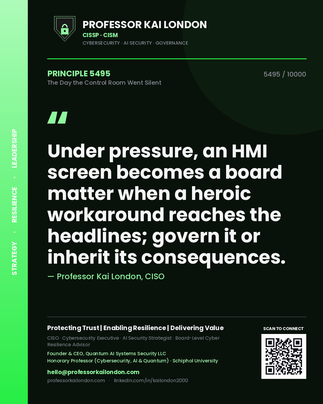 Quote card by Professor Kai London reading 'Under pressure, an HMI screen becomes a board matter when a heroic workaround reaches the headlines; govern it or inherit its consequences.'. From the book The Day the Control Room Went Silent.