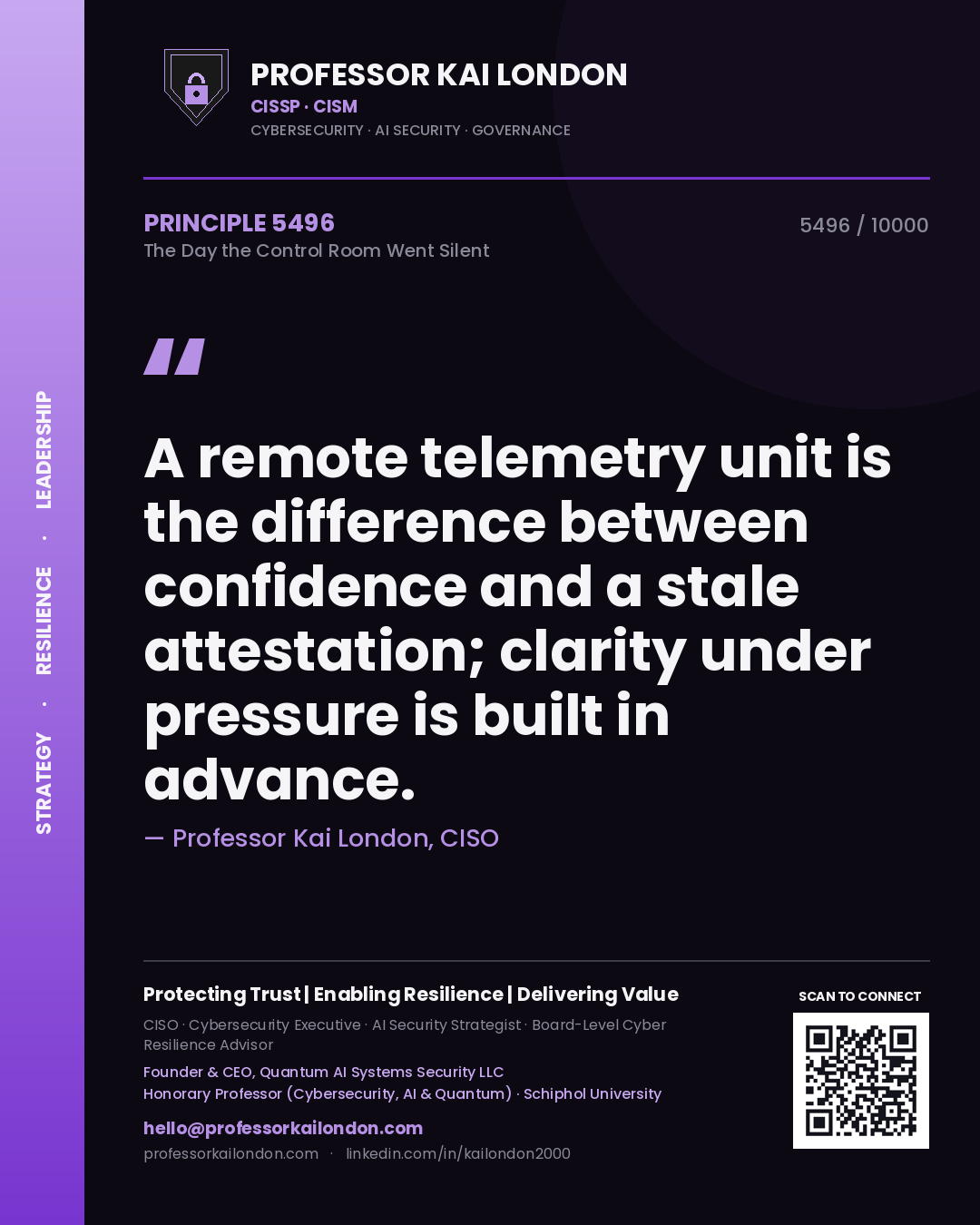 Quote card by Professor Kai London reading 'A remote telemetry unit is the difference between confidence and a stale attestation; clarity under pressure is built in advance.'. From the book The Day the Control Room Went Silent.