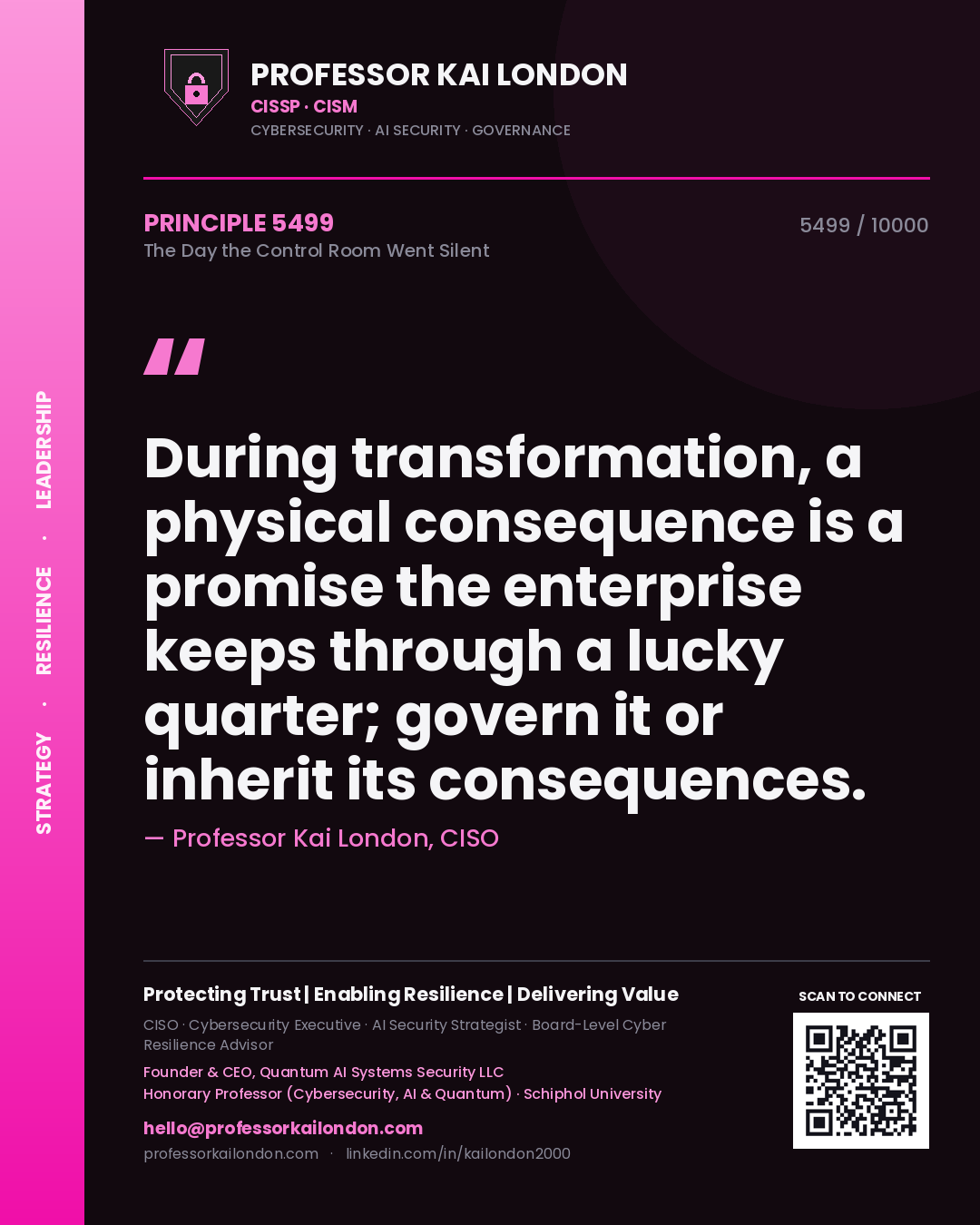 Professor Kai London principle 5499: During transformation, a physical consequence is a promise the enterprise keeps through a lucky quarter; govern it or inherit its consequences.