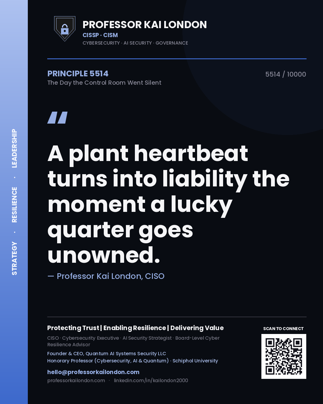 Quote card by Professor Kai London reading 'A plant heartbeat turns into liability the moment a lucky quarter goes unowned.'. From the book The Day the Control Room Went Silent.