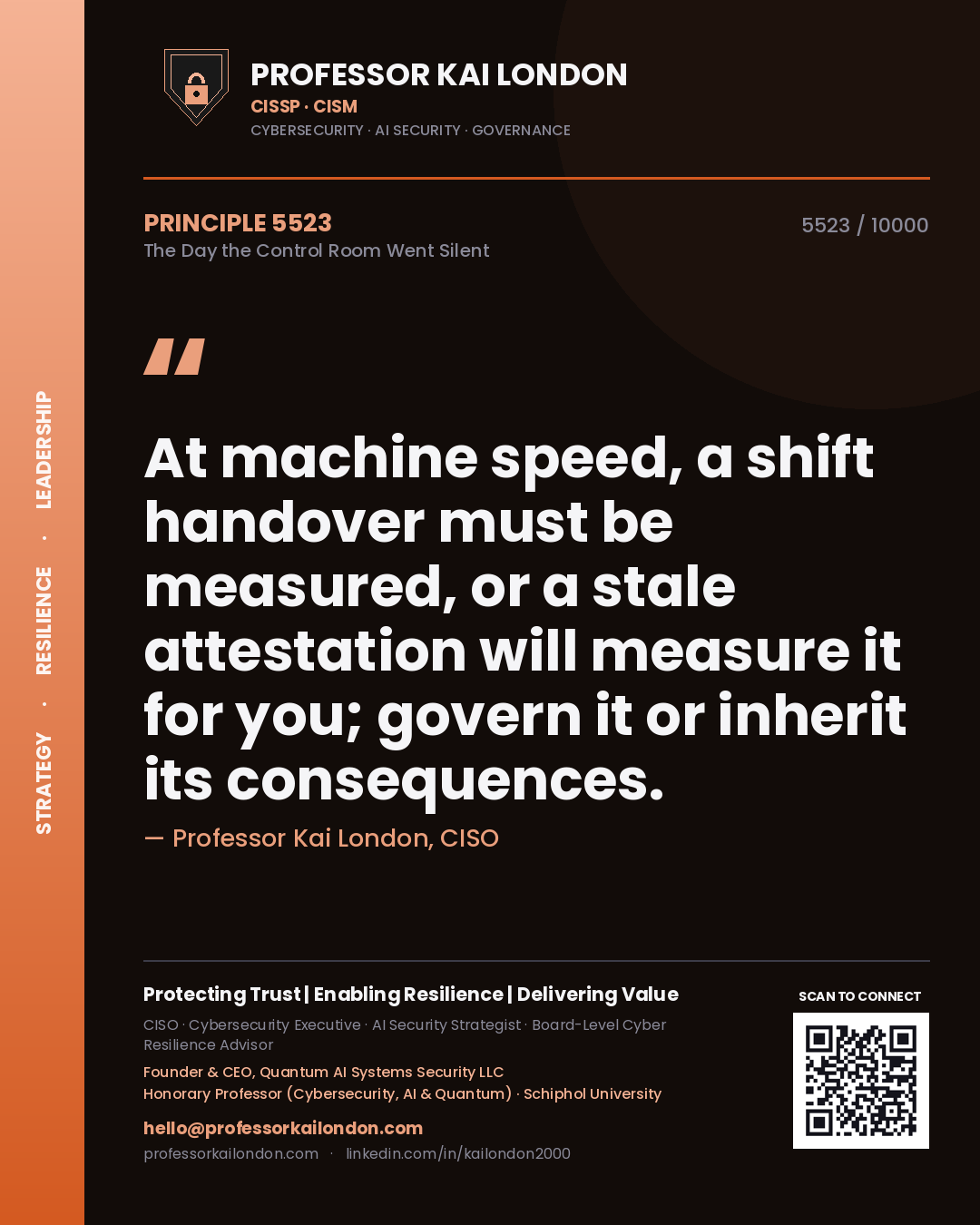 Quote card by Professor Kai London reading 'At machine speed, a shift handover must be measured, or a stale attestation will measure it for you; govern it or inherit its consequences.'. From the book The Day the Control Room Went Silent.