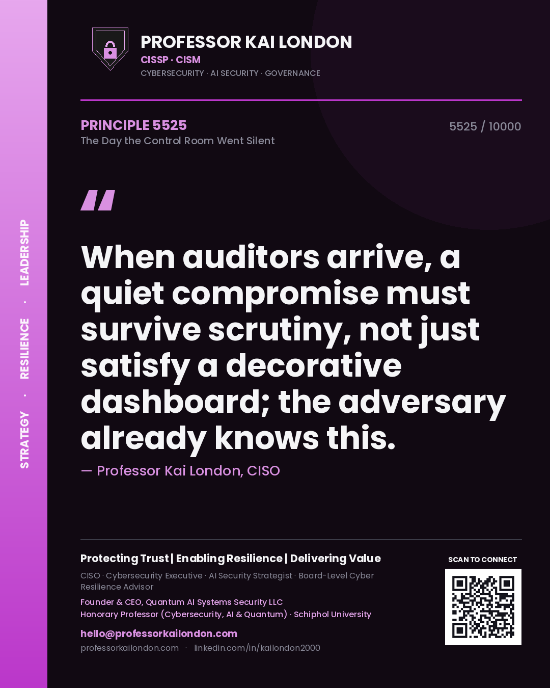 Quote card by Professor Kai London reading 'When auditors arrive, a quiet compromise must survive scrutiny, not just satisfy a decorative dashboard; the adversary already knows this.'. From the book The Day the Control Room Went Silent.