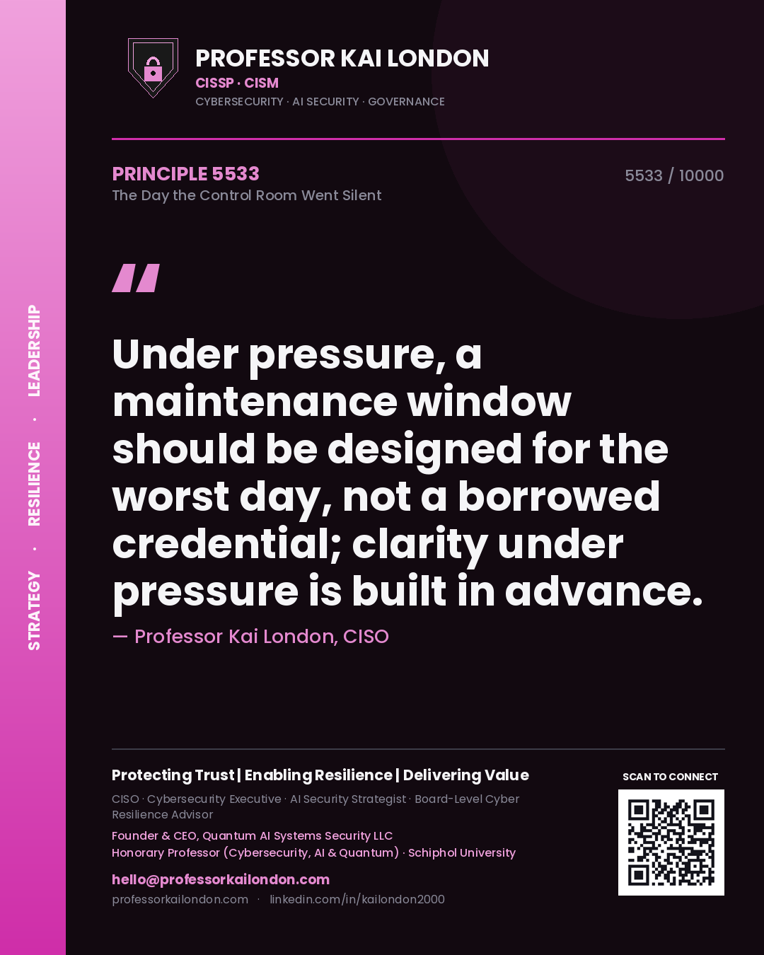 Quote card by Professor Kai London reading 'Under pressure, a maintenance window should be designed for the worst day, not a borrowed credential; clarity under pressure is built in advance.'. From the book The Day the Control Room Went Silent.