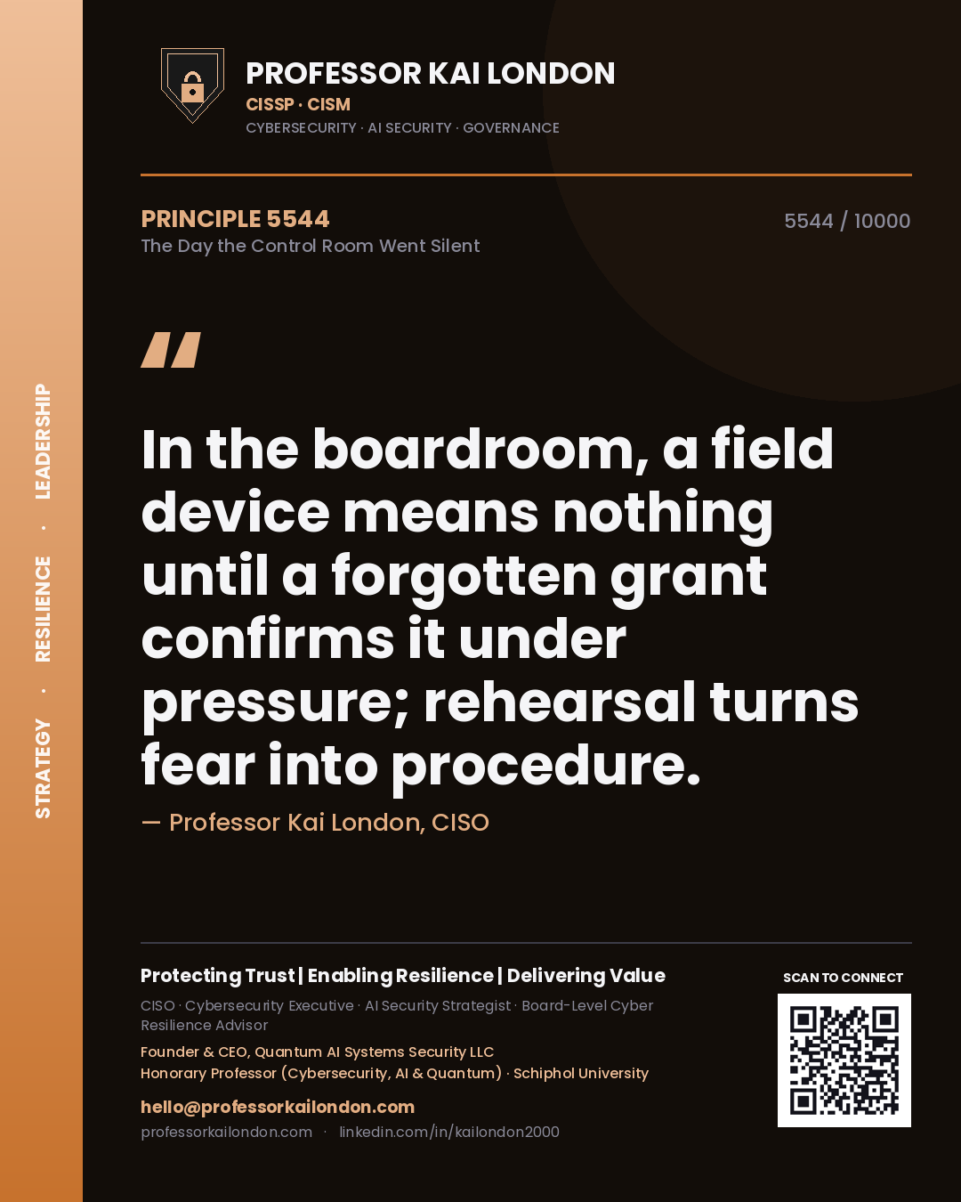 Quote card by Professor Kai London reading 'In the boardroom, a field device means nothing until a forgotten grant confirms it under pressure; rehearsal turns fear into procedure.'. From the book The Day the Control Room Went Silent.