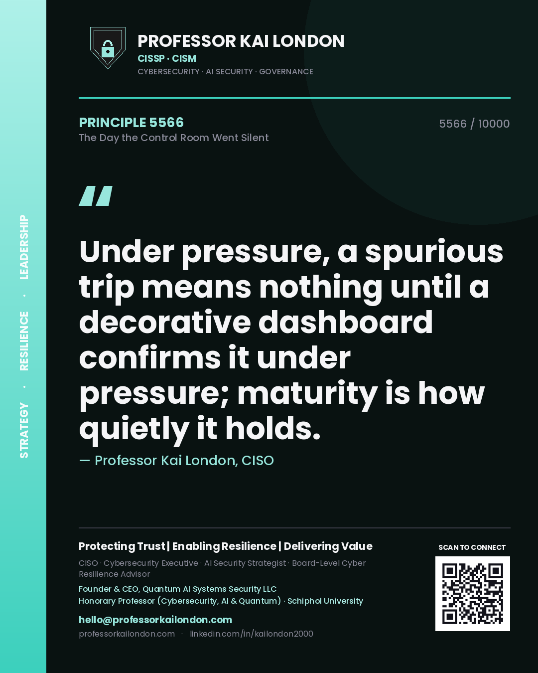 Quote card by Professor Kai London reading 'Under pressure, a spurious trip means nothing until a decorative dashboard confirms it under pressure; maturity is how quietly it holds.'. From the book The Day the Control Room Went Silent.