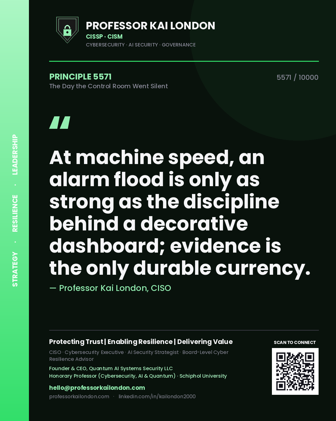 Quote card by Professor Kai London reading 'At machine speed, an alarm flood is only as strong as the discipline behind a decorative dashboard; evidence is the only durable currency.'. From the book The Day the Control Room Went Silent.