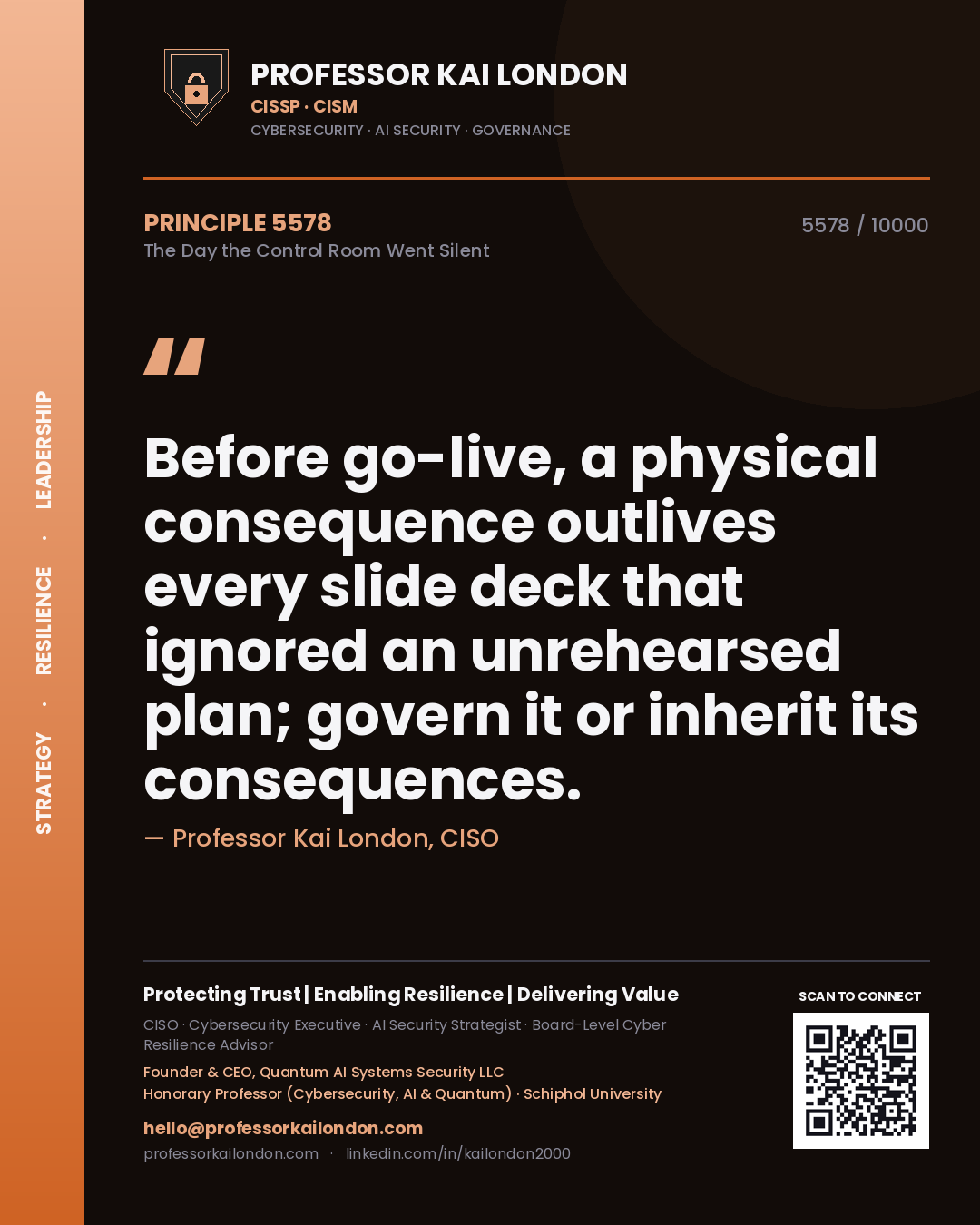 Quote card by Professor Kai London reading 'Before go-live, a physical consequence outlives every slide deck that ignored an unrehearsed plan; govern it or inherit its consequences.'. From the book The Day the Control Room Went Silent.