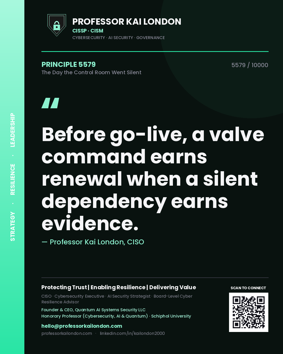 Quote card by Professor Kai London reading 'Before go-live, a valve command earns renewal when a silent dependency earns evidence.'. From the book The Day the Control Room Went Silent.