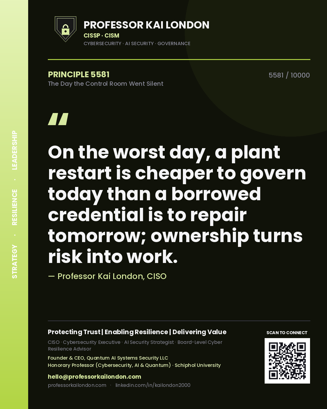 Quote card by Professor Kai London reading 'On the worst day, a plant restart is cheaper to govern today than a borrowed credential is to repair tomorrow; ownership turns risk into work.'. From the book The Day the Control Room Went Silent.