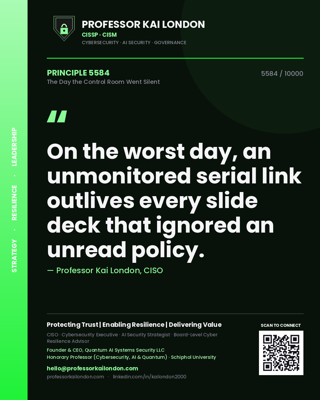Quote card by Professor Kai London reading 'On the worst day, an unmonitored serial link outlives every slide deck that ignored an unread policy.'. From the book The Day the Control Room Went Silent.