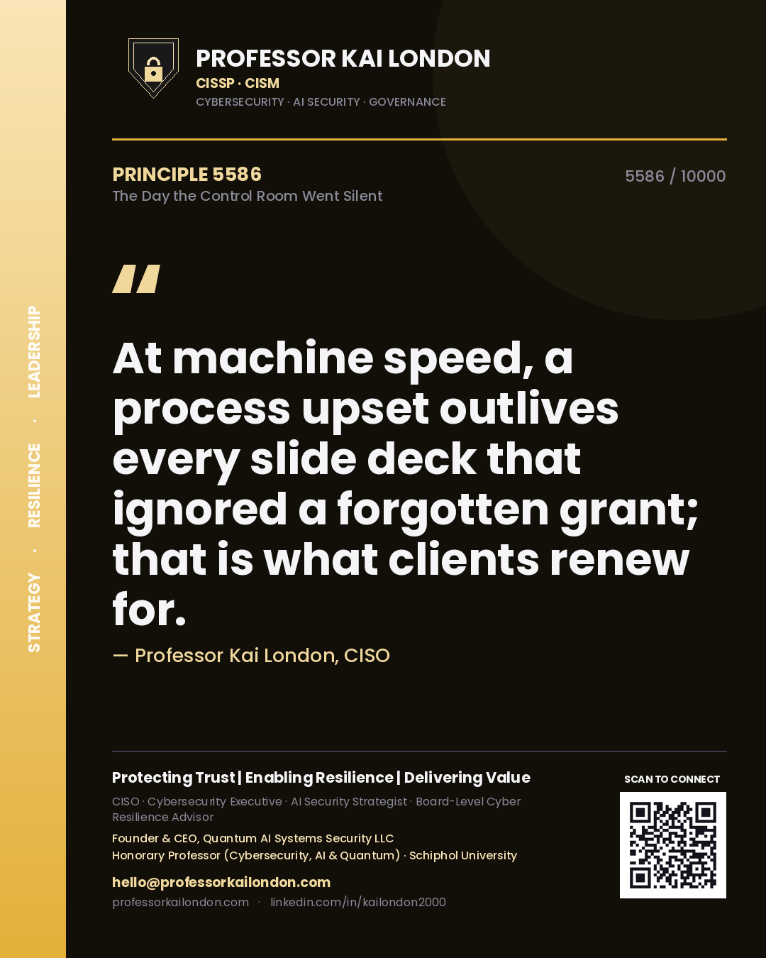 Quote card by Professor Kai London reading 'At machine speed, a process upset outlives every slide deck that ignored a forgotten grant; that is what clients renew for.'. From the book The Day the Control Room Went Silent.