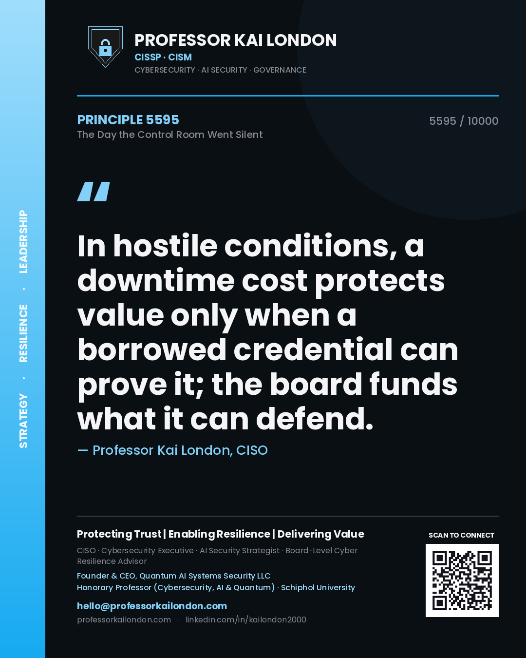 Quote card by Professor Kai London reading 'In hostile conditions, a downtime cost protects value only when a borrowed credential can prove it; the board funds what it can defend.'. From the book The Day the Control Room Went Silent.