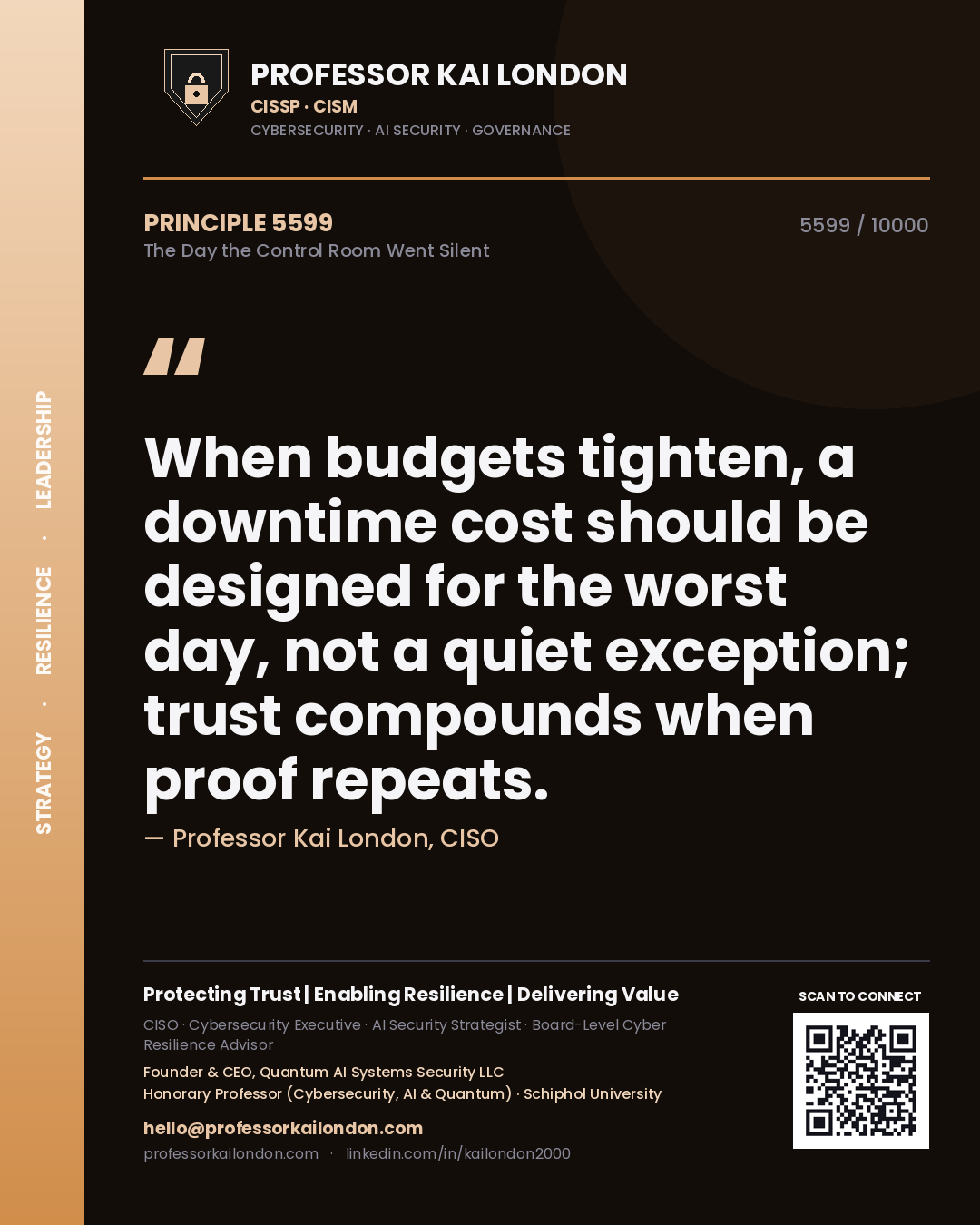Quote card by Professor Kai London reading 'When budgets tighten, a downtime cost should be designed for the worst day, not a quiet exception; trust compounds when proof repeats.'. From the book The Day the Control Room Went Silent.