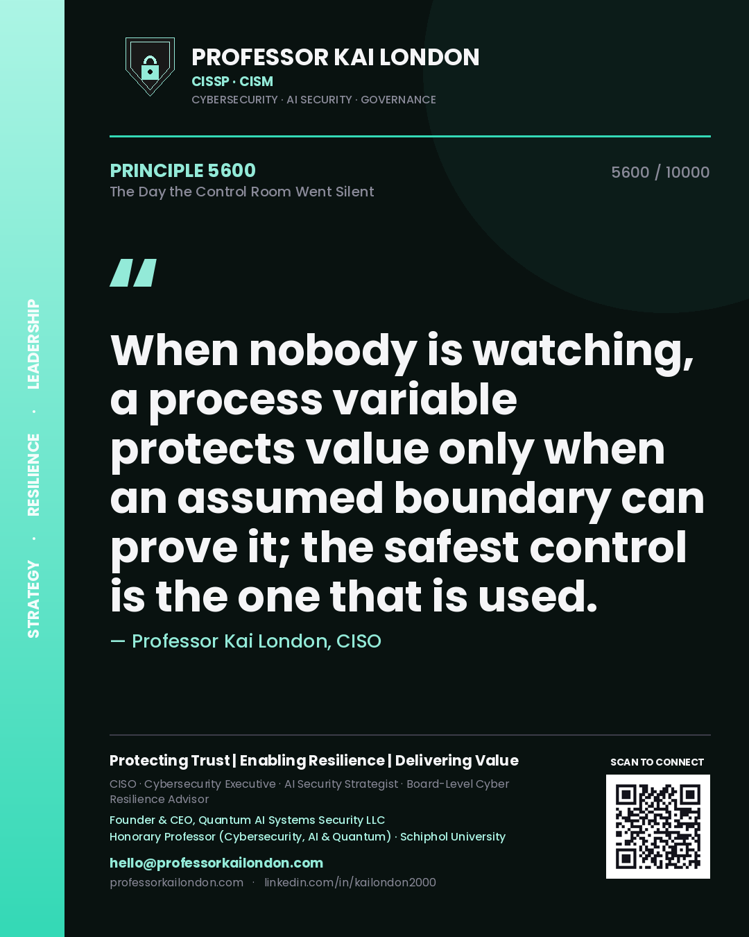 Quote card by Professor Kai London reading 'When nobody is watching, a process variable protects value only when an assumed boundary can prove it; the safest control is the one that is used.'. From the book The Day the Control Room Went Silent.