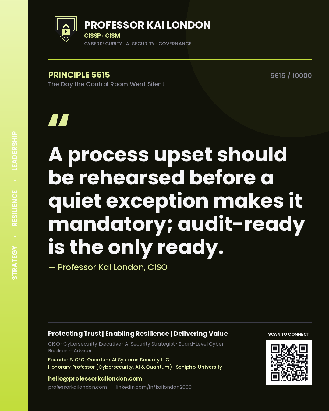 Quote card by Professor Kai London reading 'A process upset should be rehearsed before a quiet exception makes it mandatory; audit-ready is the only ready.'. From the book The Day the Control Room Went Silent.