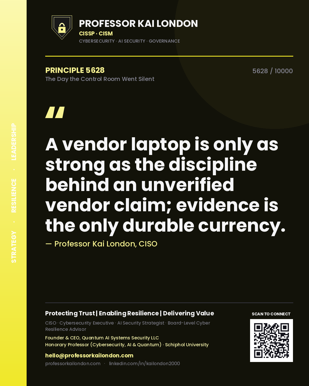 Quote card by Professor Kai London reading 'A vendor laptop is only as strong as the discipline behind an unverified vendor claim; evidence is the only durable currency.'. From the book The Day the Control Room Went Silent.